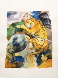 "Rubens Study 2" old master, figurative watercolor on paper, tiger, portrait