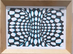 Outside In I, paint pen, ink, marker, paper, op-art, black, white, blue, framed