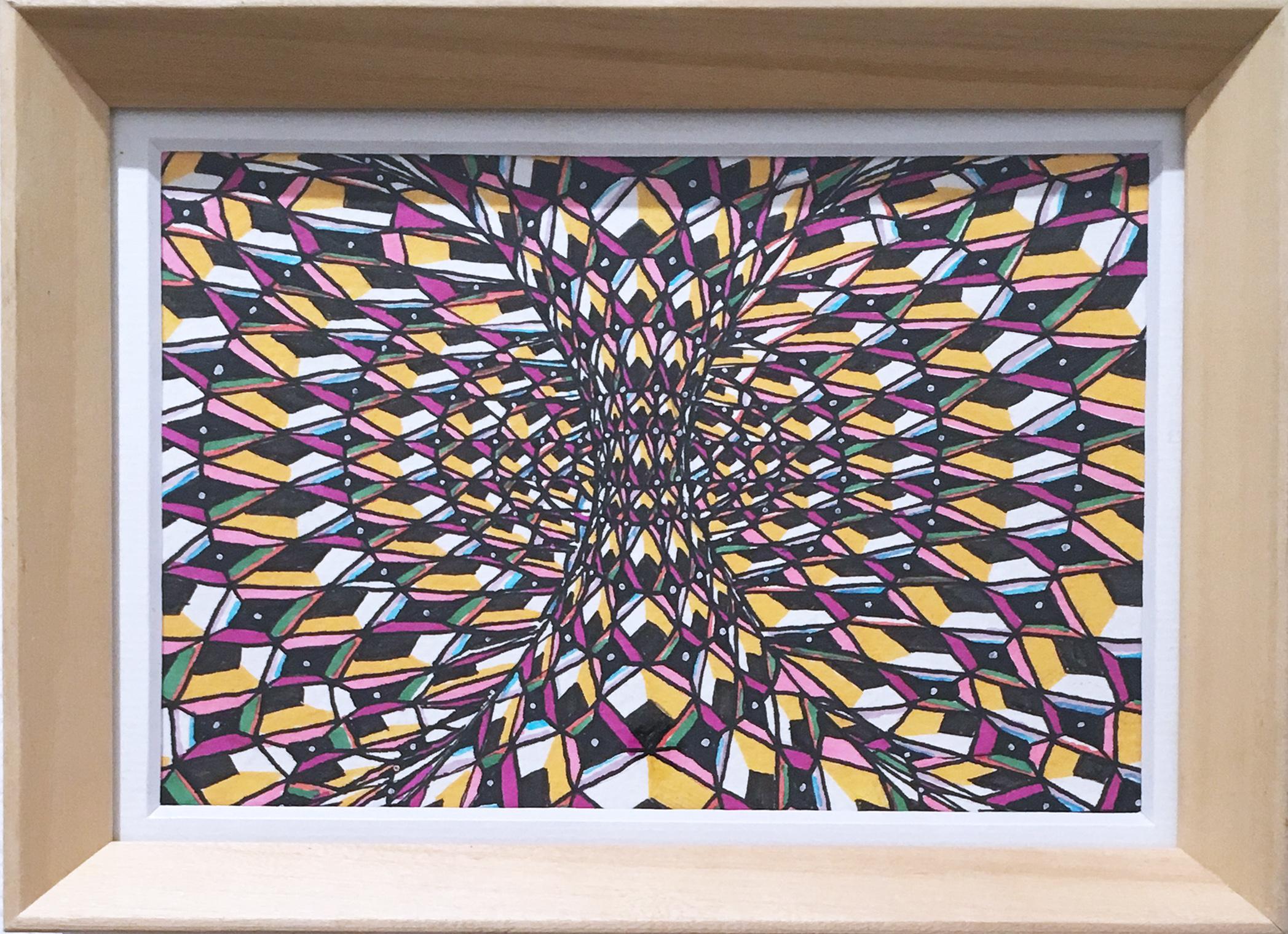 Outside In II, paint pen, ink, marker, paper, op-art, black, white, yellow, pink - Abstract Geometric Mixed Media Art by Alex Tea