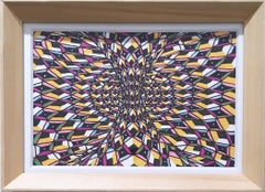 Outside In II, paint pen, ink, marker, paper, op-art, black, white, yellow, pink