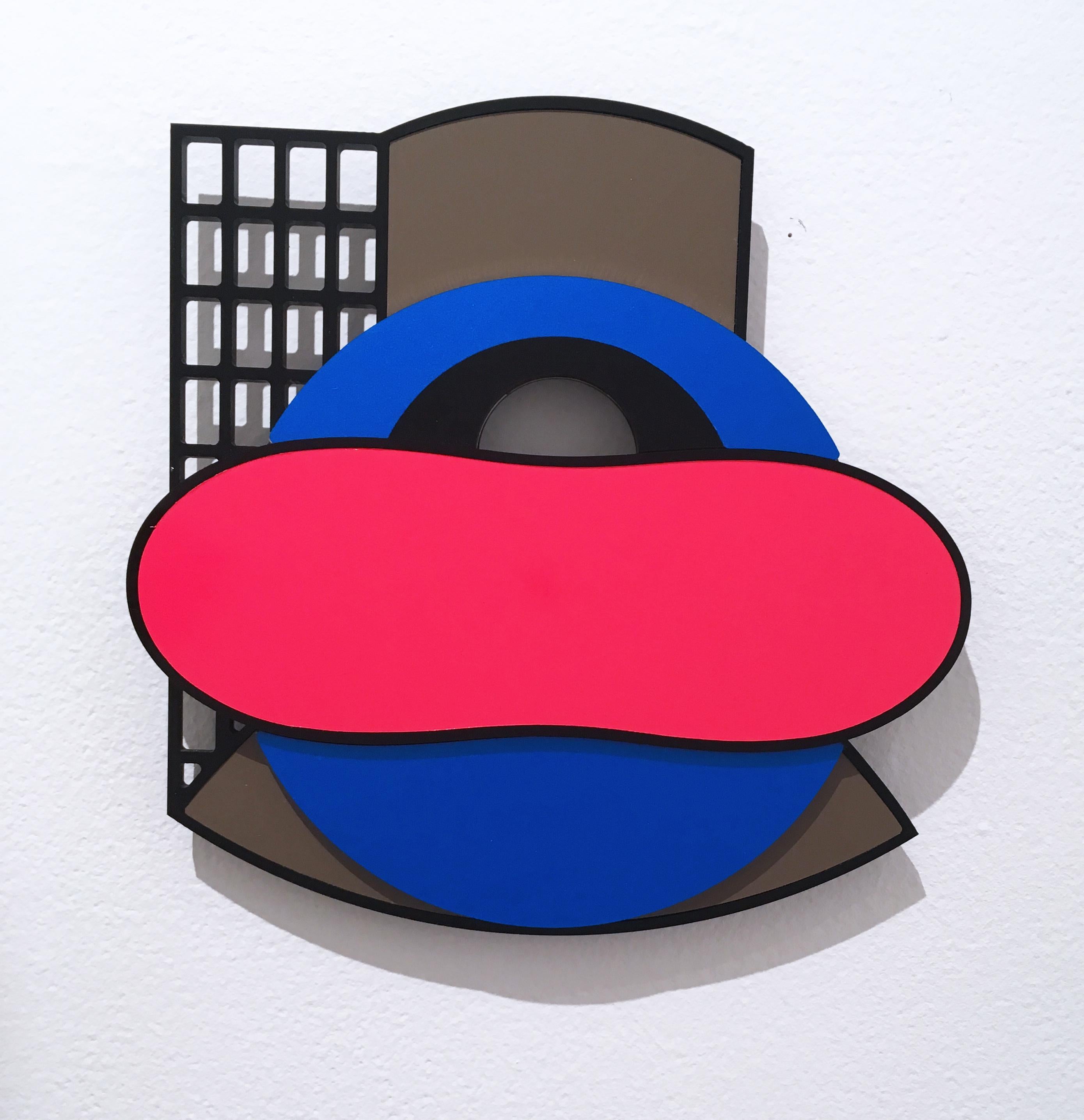 Joshua Edward Bennett Abstract Sculpture – Ebena, acrylic, aluminum, vinyl, wall sculpture, abstract geometric, pink, blue