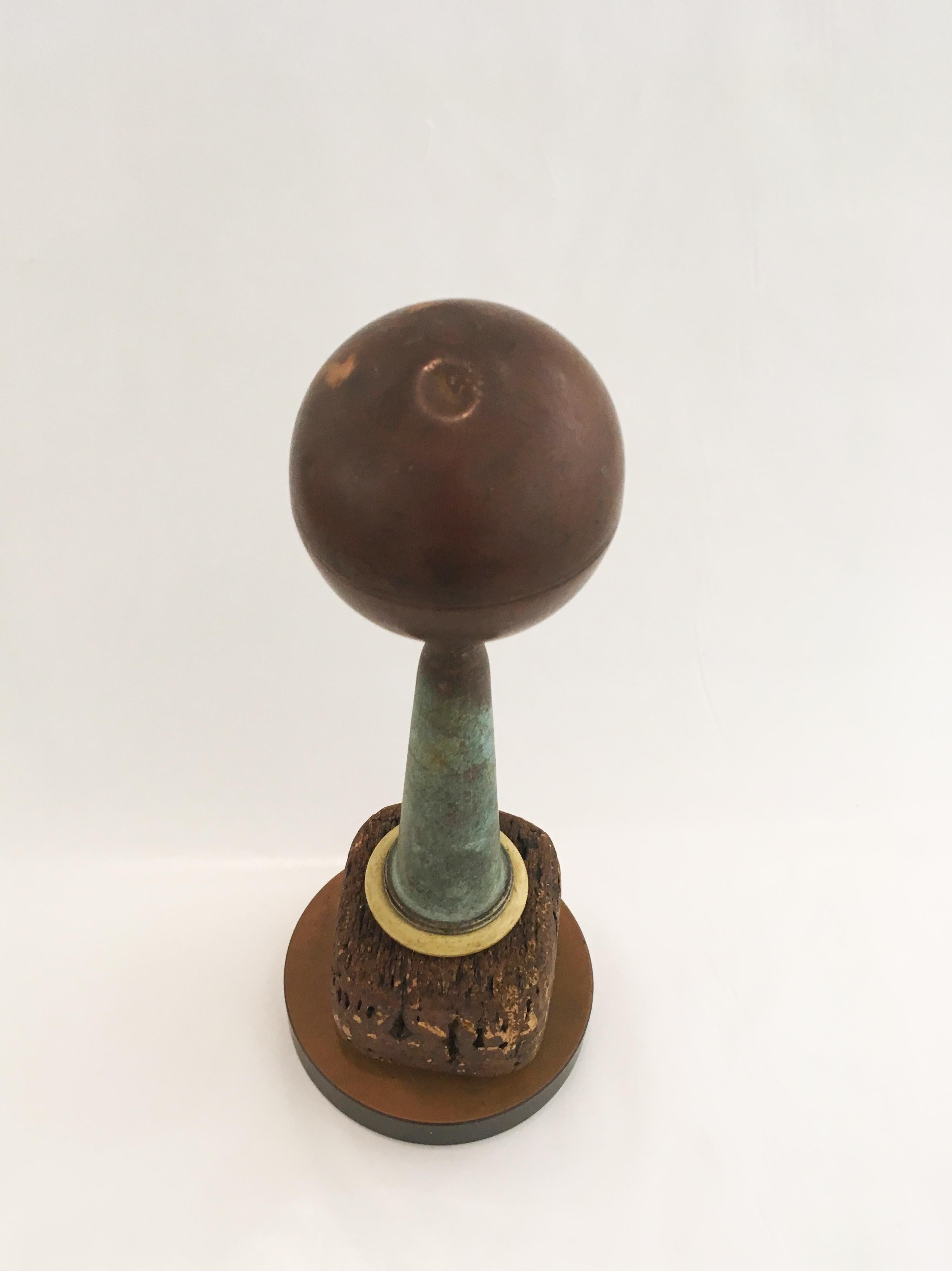 Tensionless, cork, copper, brass, celluloid, resin, found object sculpture 1