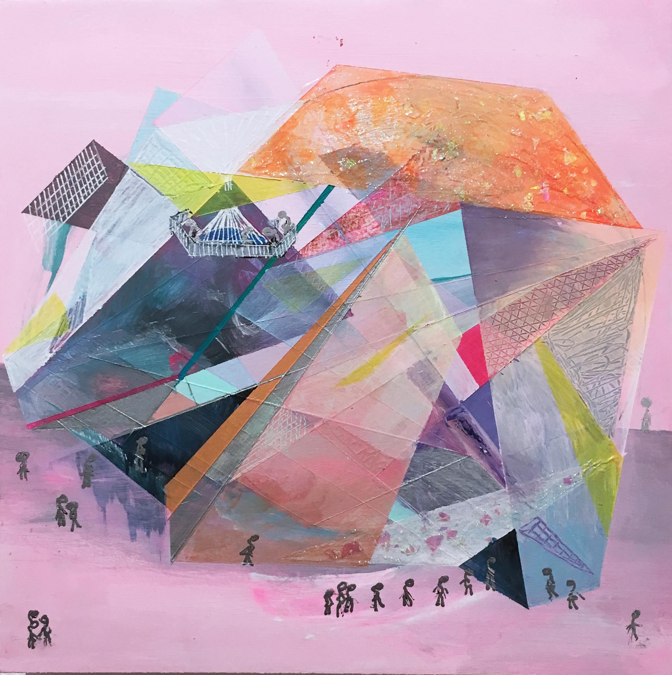 Temple of Rose Quartz, 2019, acrylic, watercolor and ink on a wood panel, pink - Painting by Loren Abbate