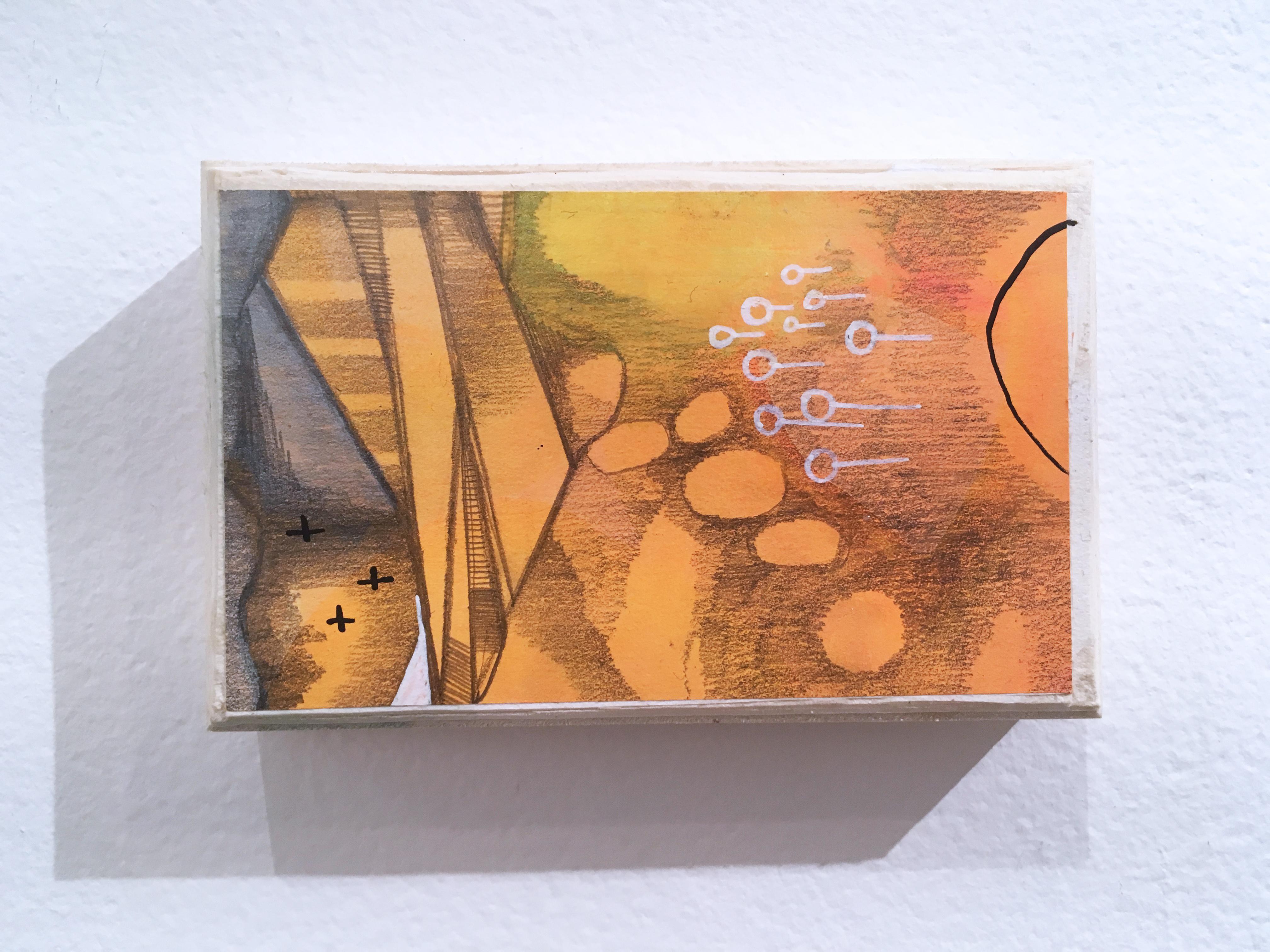 Catherine Hart Abstract Painting - My 80's Heart "Token 4" 2019, gouache, acrylic, graphite, panel, yellow, orange