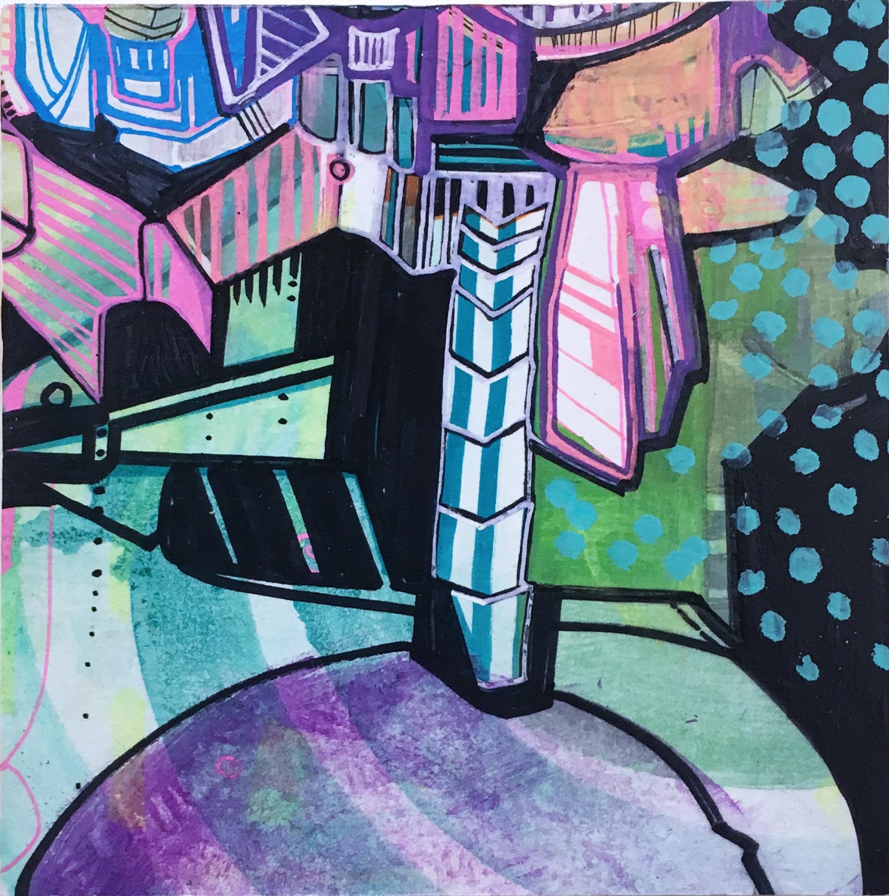 Abstract Painting Catherine Hart - My 80's Heart « Token 5 » 2019, gouache, acrylique, graphite, panneau, violet, vert