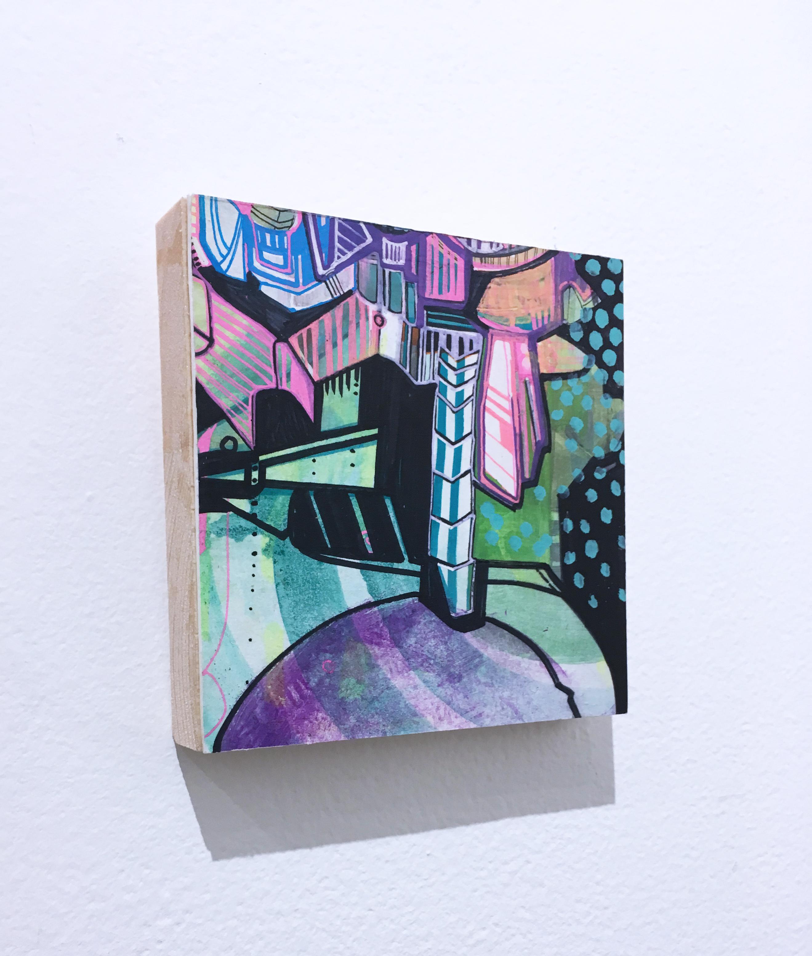 My 80's Heart « Token 5 » 2019, gouache, acrylique, graphite, panneau, violet, vert - Contemporain Painting par Catherine Hart