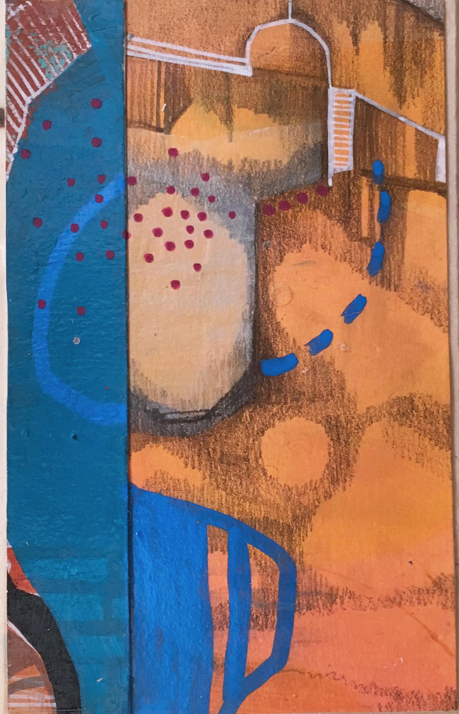 My 80's Heart « Token 9 » 2019, gouache, acrylique, graphite, panneau, bleu, orange - Painting de Catherine Hart