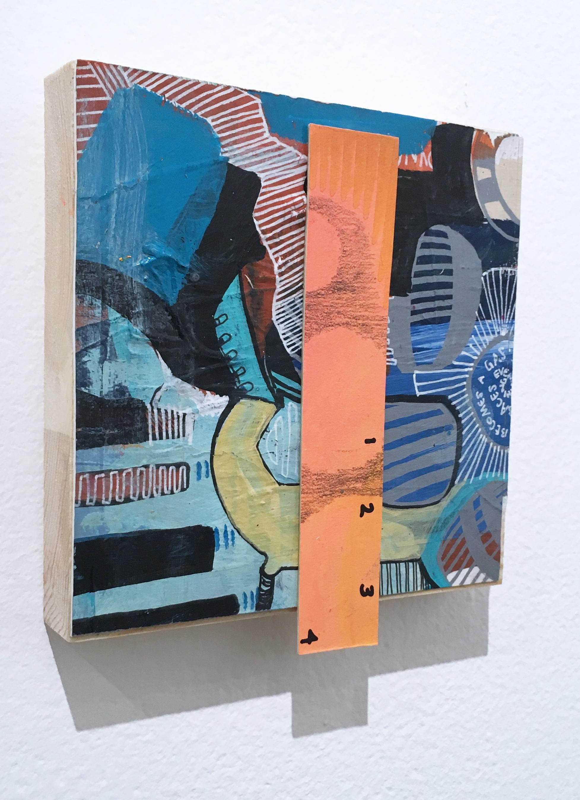 My 80's Heart « Token 7 » 2019, gouache, acrylique, graphite, panneau, bleu, orange - Gris Abstract Painting par Catherine Hart