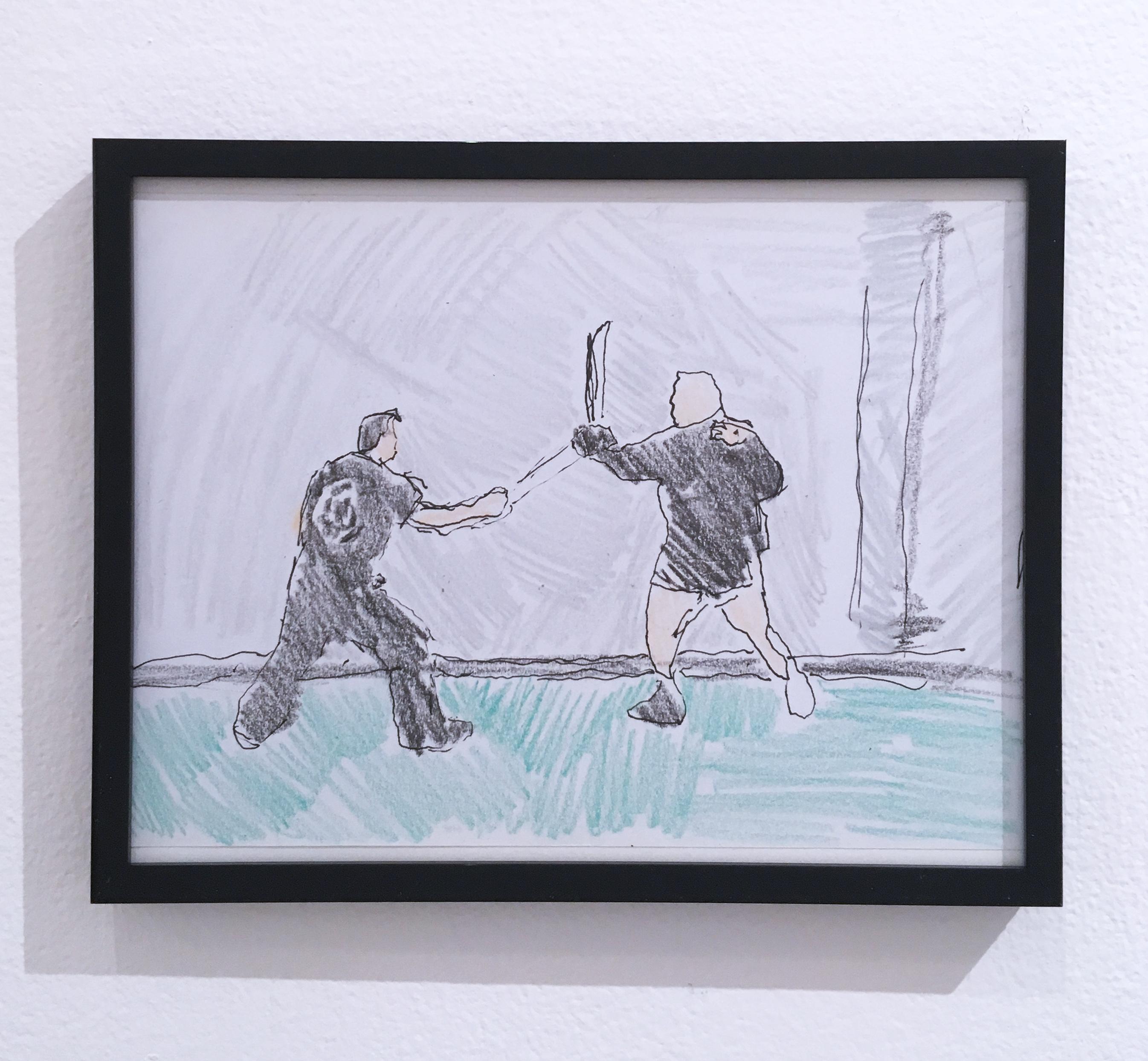 Macauley Norman Figurative Painting - Sword Fight, 2018, pen and crayon on paper, figurative, drawing, framed