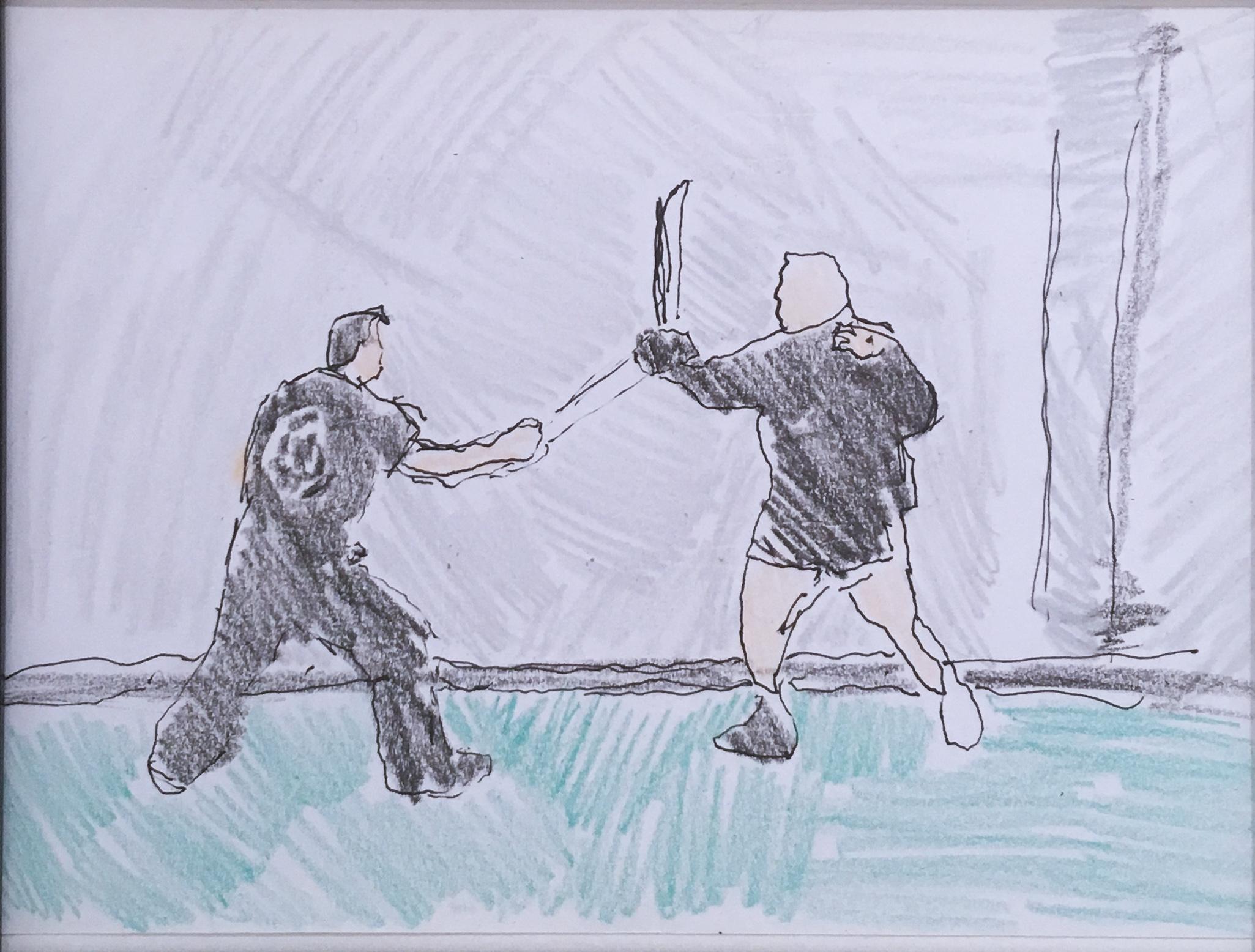 Sword Fight, 2018, pen and crayon on paper, figurative, drawing, framed - Painting by Macauley Norman