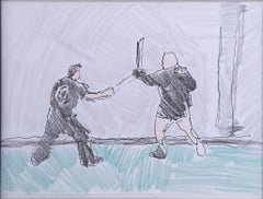 Lucha de espadas, 2018, pluma y lápiz de color sobre papel, figurativo, dibujo, enmarcado