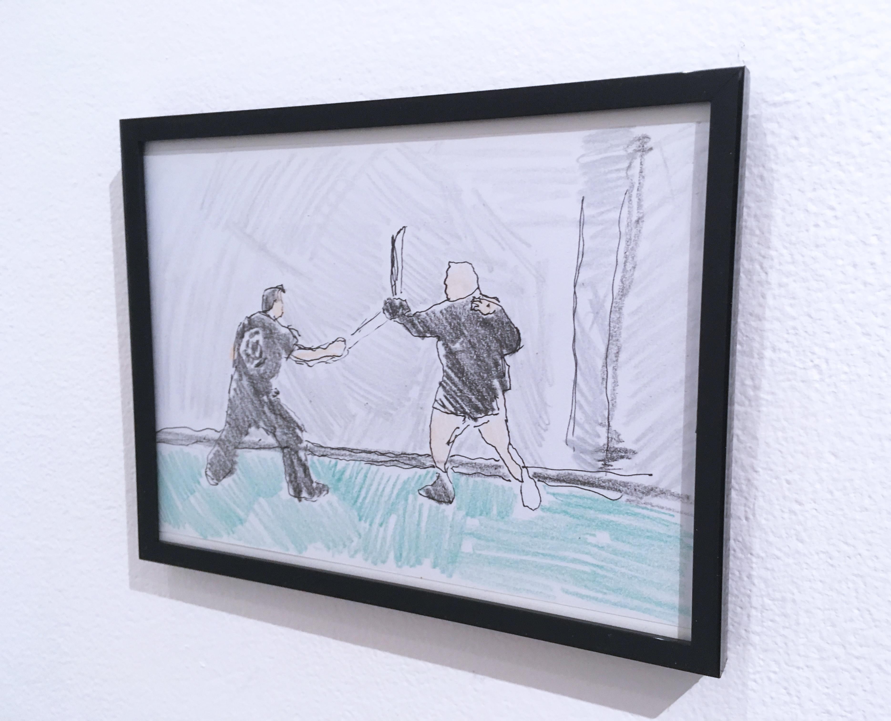 Sword Fight, 2018, stylo et crayon sur papier, figuratif, dessin, encadré - Contemporain Painting par Macauley Norman
