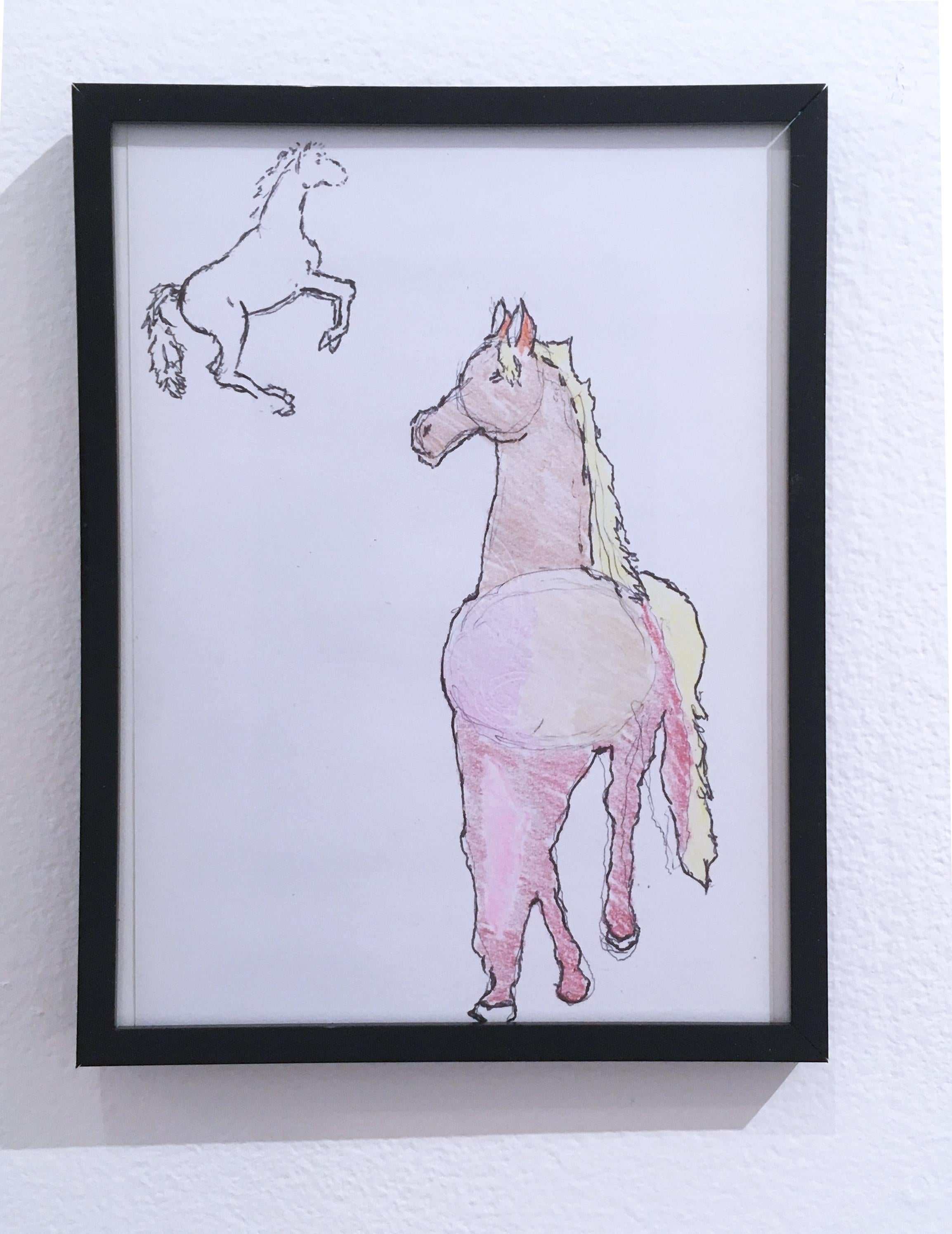 Macauley Norman Figurative Painting - Horses, 2018, pen and crayon on paper, figurative, drawing, framed