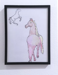 Horses, 2018, pen and crayon on paper, figurative, drawing, framed