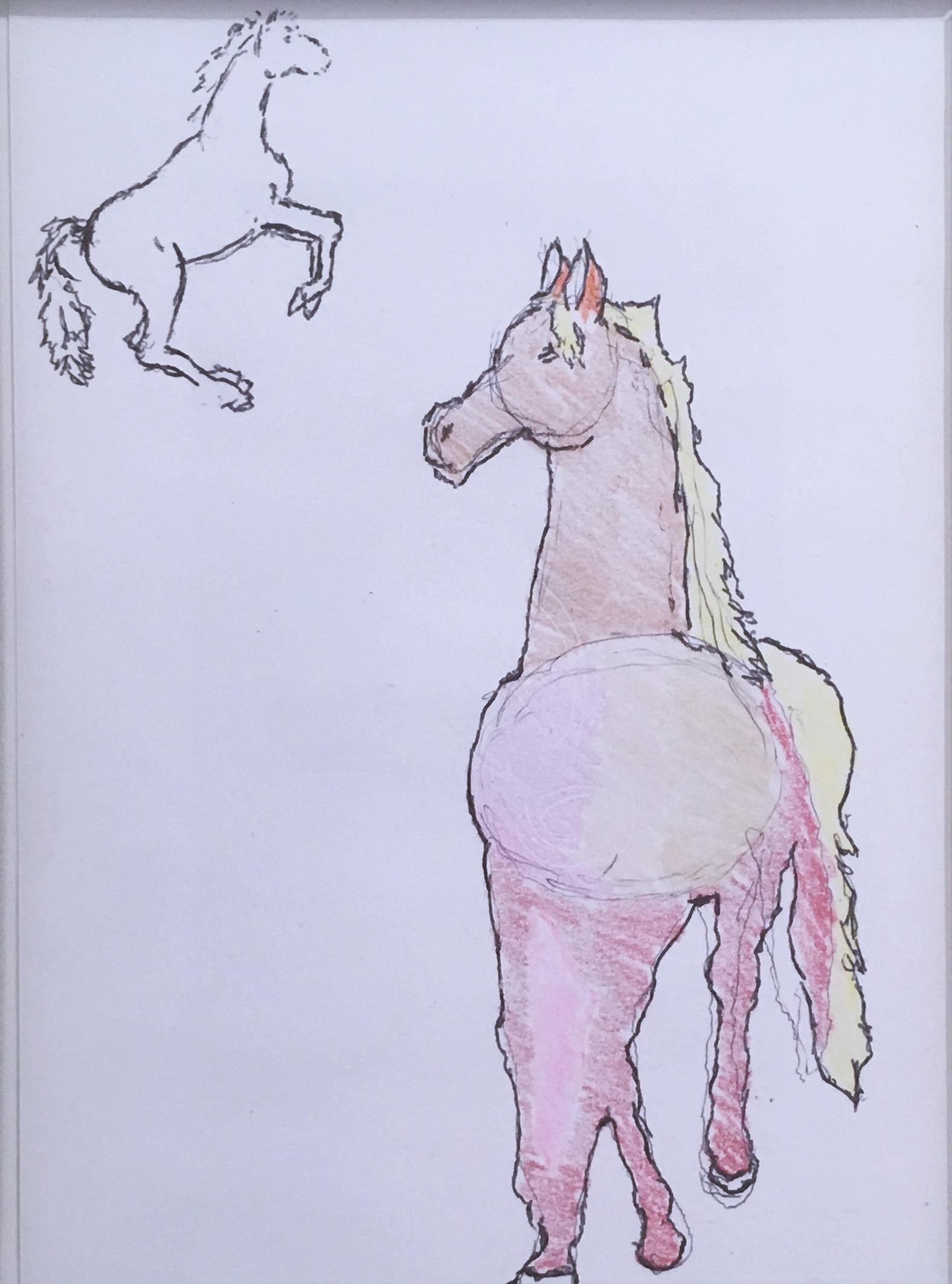 Horses, 2018, pen and crayon on paper, figurative, drawing, framed - Painting by Macauley Norman