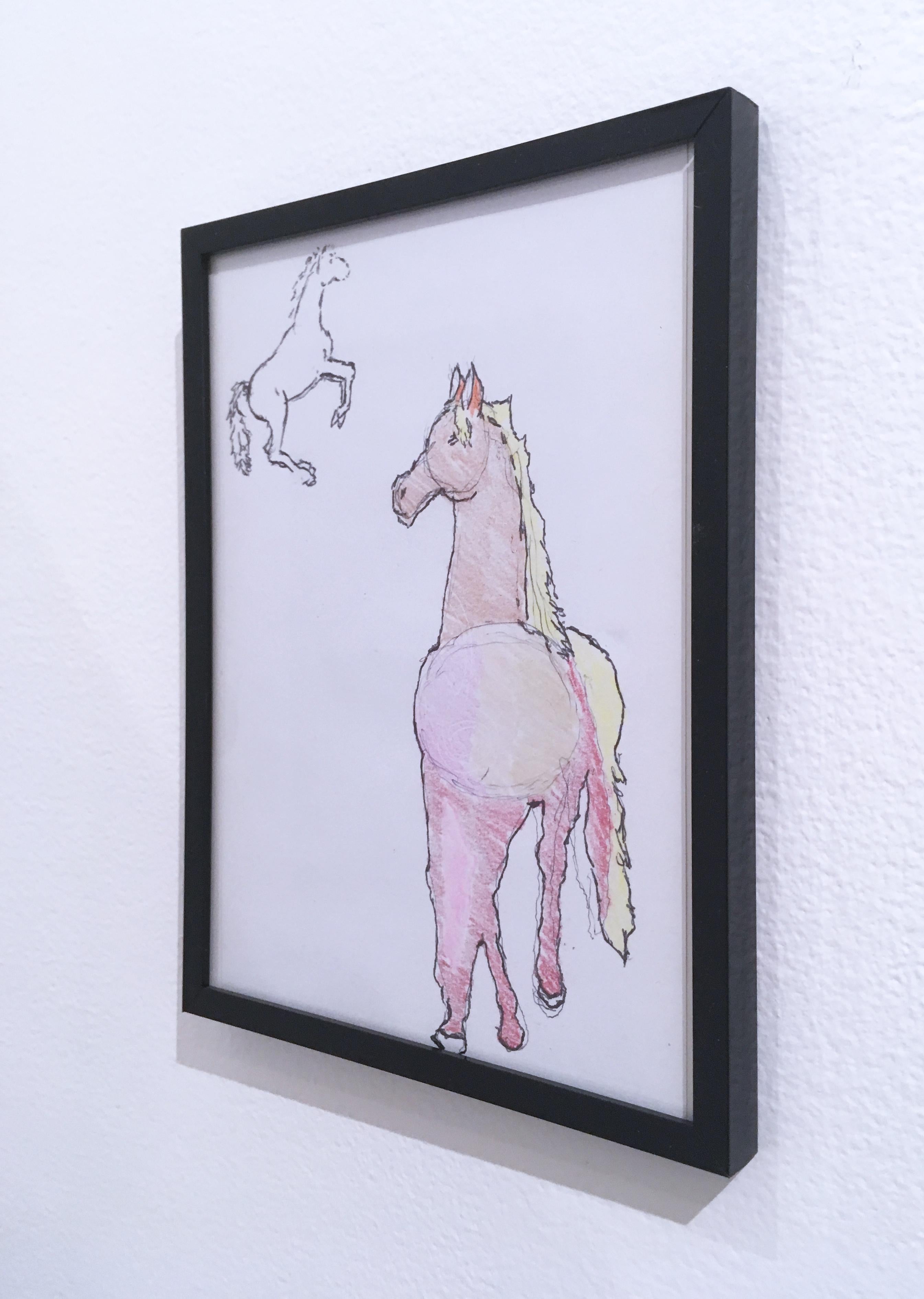 Horses, 2018, pen and crayon on paper, figurative, drawing, framed - Contemporary Painting by Macauley Norman