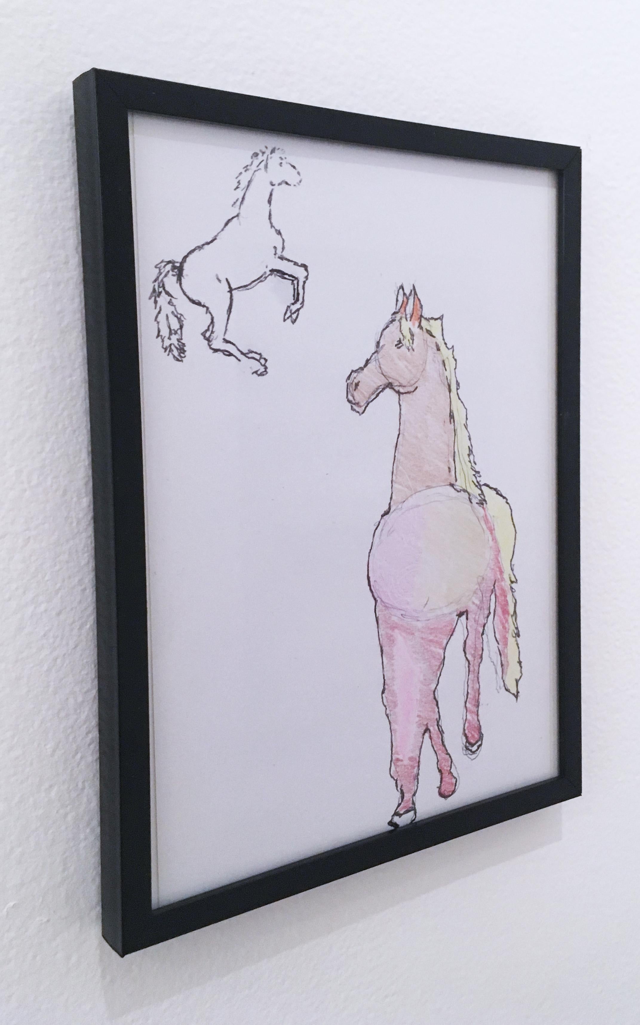 Horses, 2018, pen and crayon on paper, figurative, drawing, framed - Purple Figurative Painting by Macauley Norman