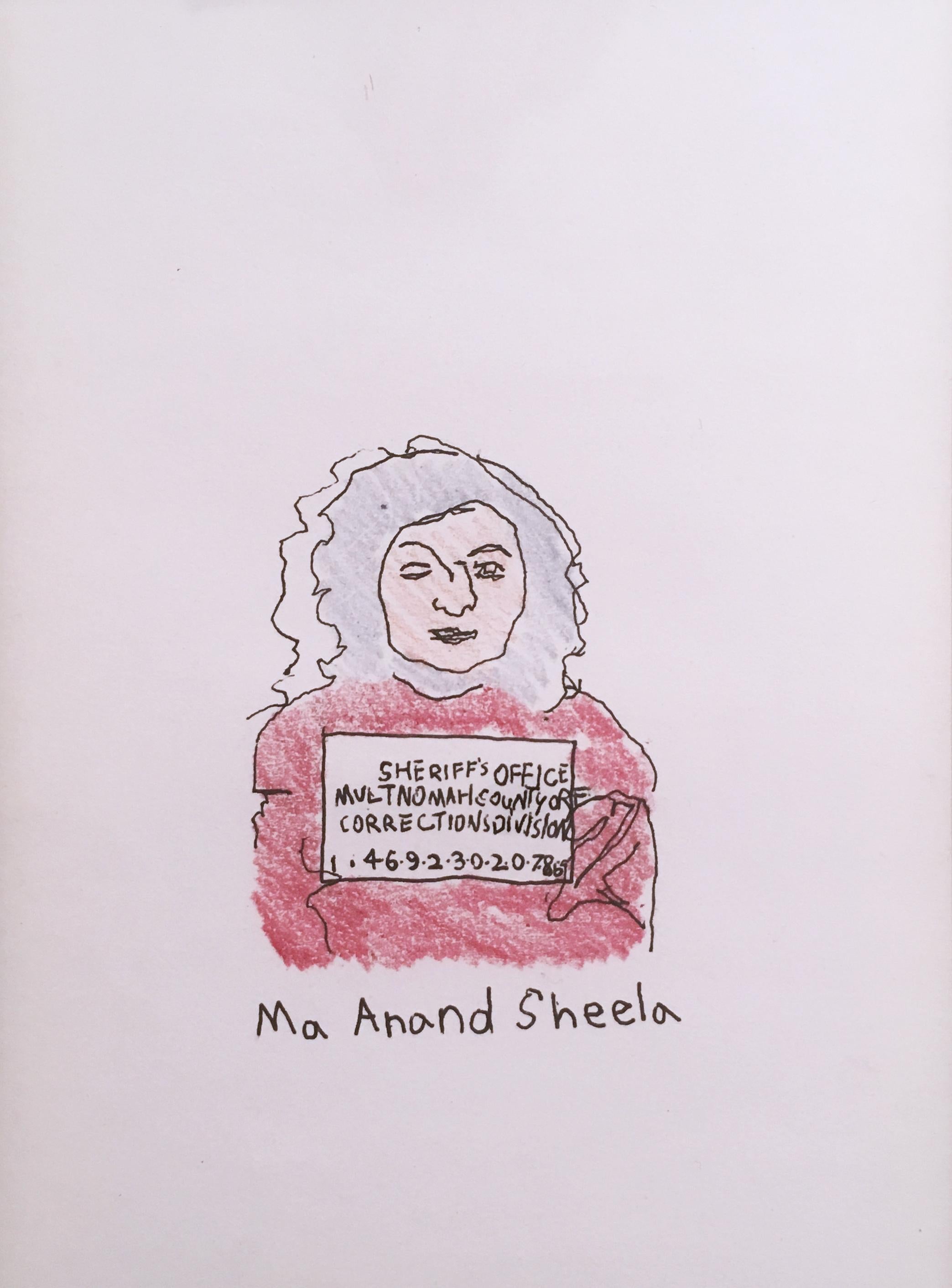Ma Anand Sheela, 2018, pen and crayon on paper, figurative, drawing, framed - Painting by Macauley Norman