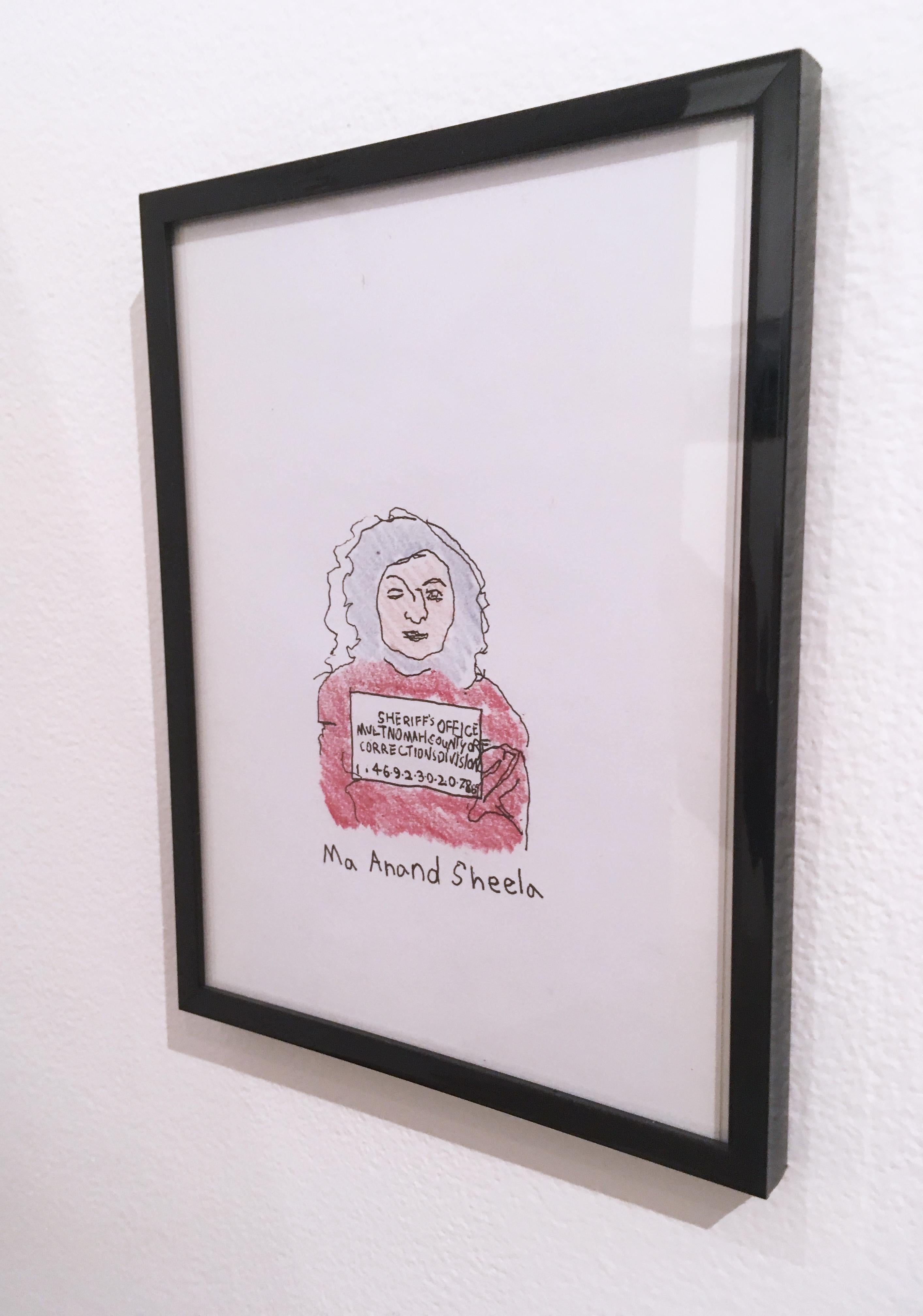 Ma Anand Sheela, 2018, pen and crayon on paper, figurative, drawing, framed - Contemporary Painting by Macauley Norman