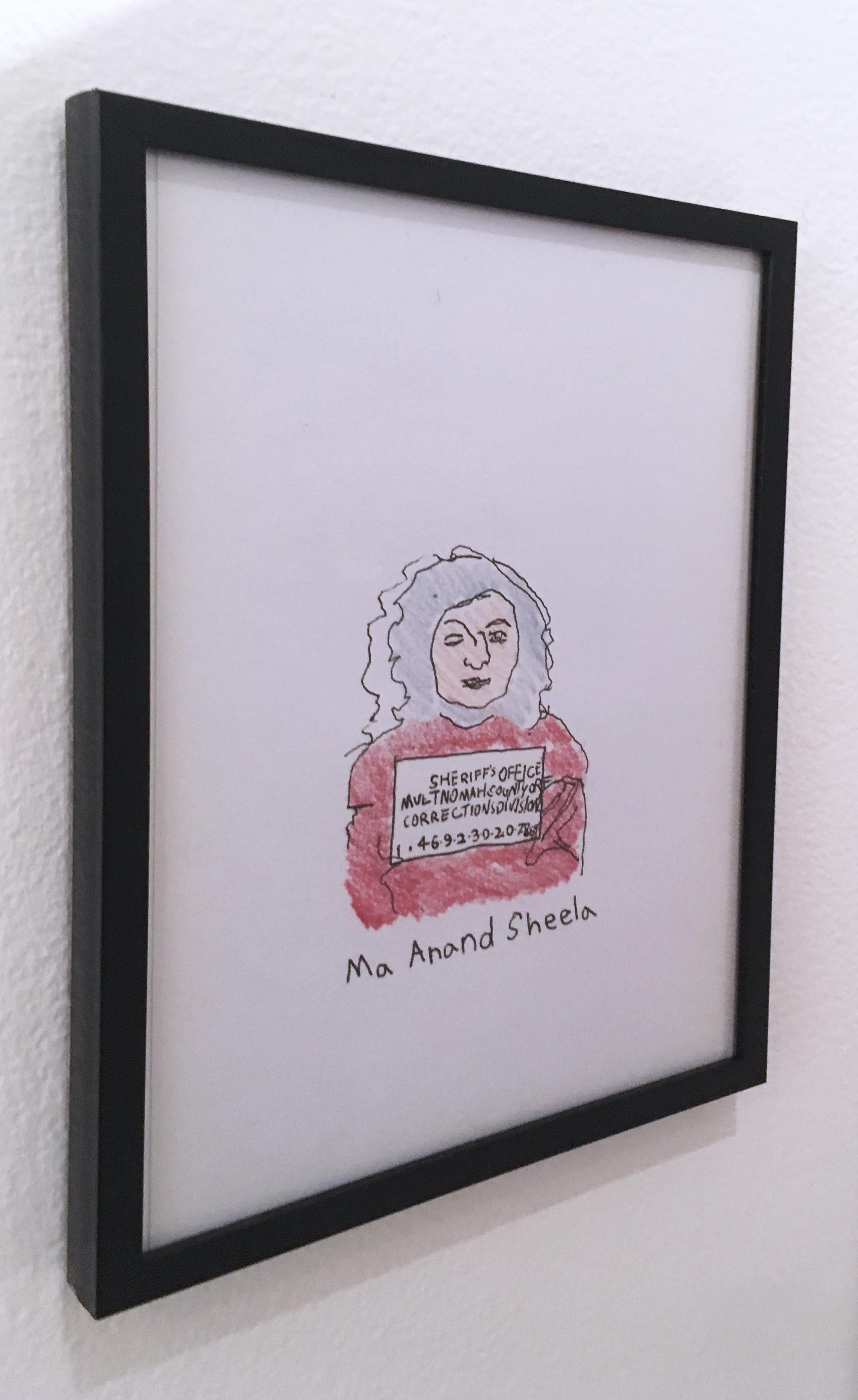 Ma Anand Sheela, 2018, pen and crayon on paper, figurative, drawing, framed - Gray Figurative Painting by Macauley Norman