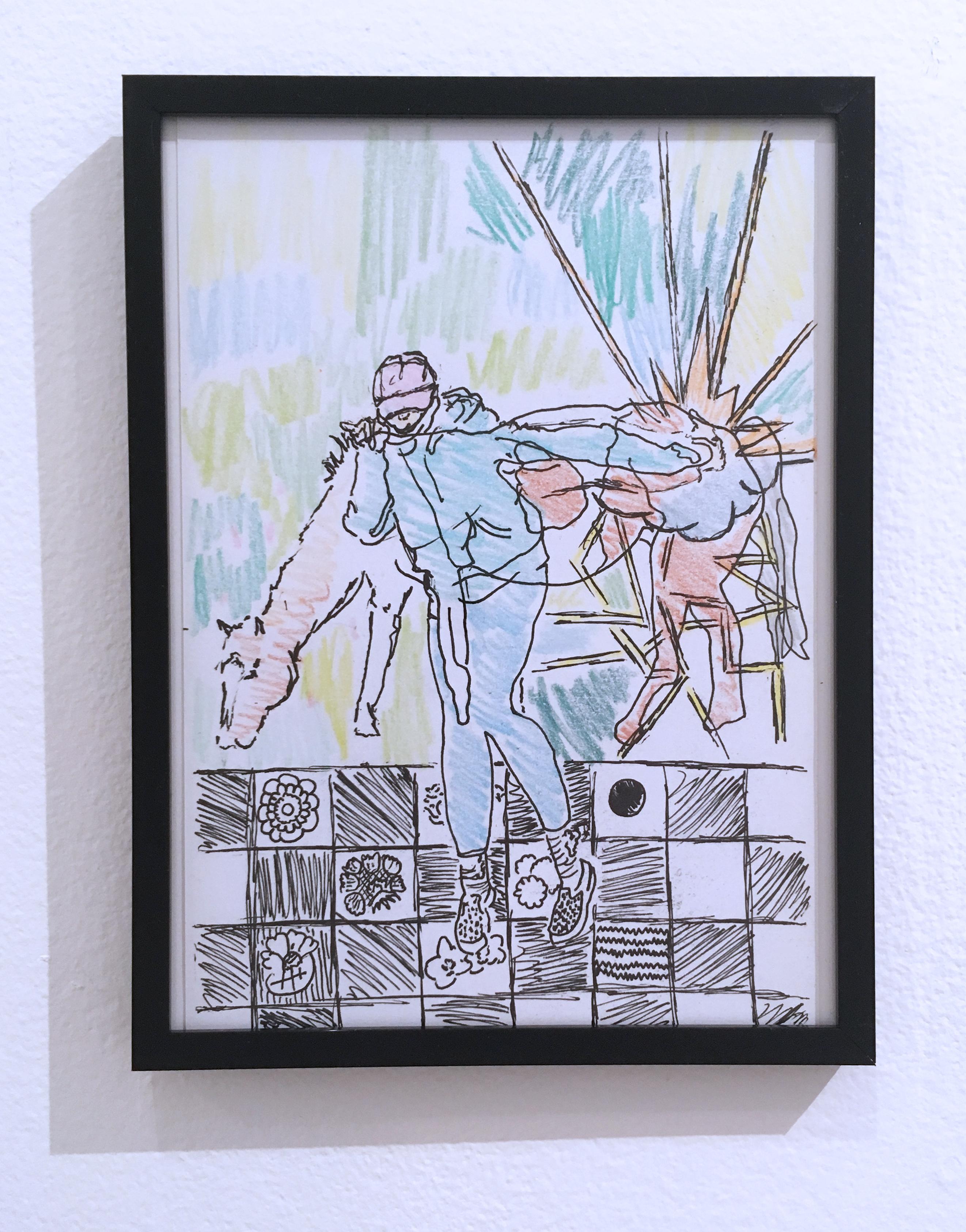 Macauley Norman Figurative Painting - A Girl and a Horse, 2018, pen and crayon on paper, figurative, drawing, framed