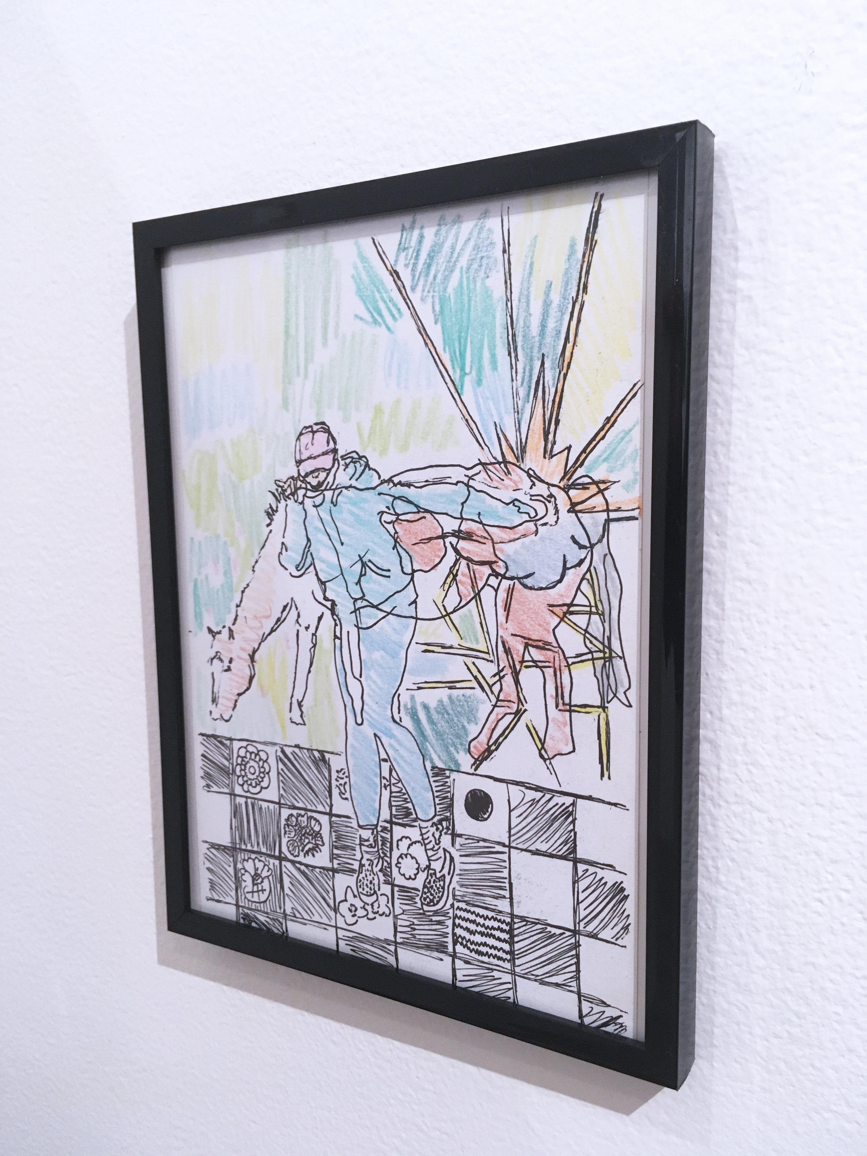 A Girl and a Horse, 2018, pen and crayon on paper, figurative, drawing, framed - Contemporary Painting by Macauley Norman