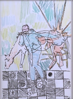 A Girl and a Horse, 2018, pen and crayon on paper, figurative, drawing, framed