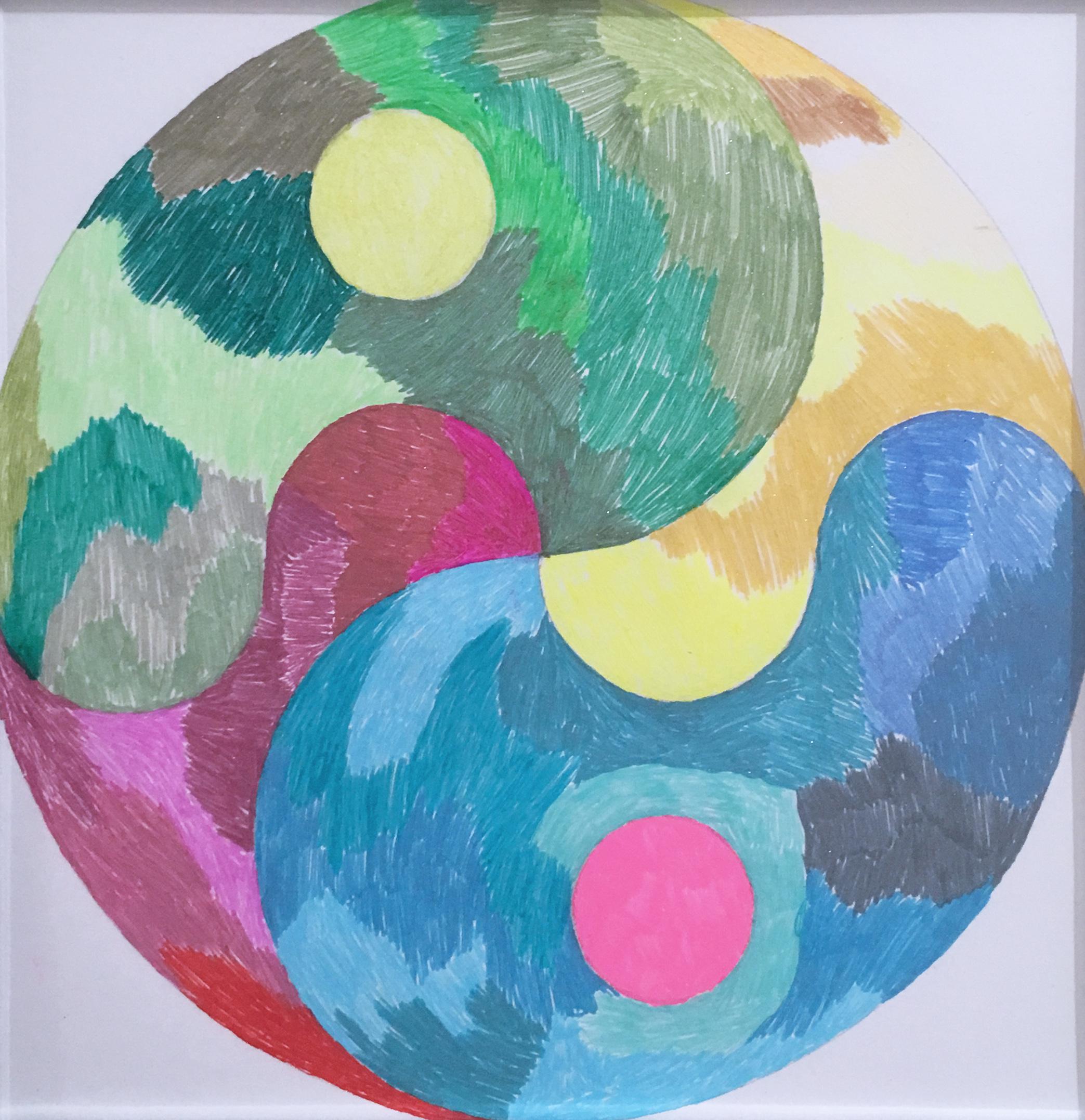 Yin Yang Transition, 2019, gel pen, graphite, paper, pattern, drawing, framed - Painting by Macauley Norman
