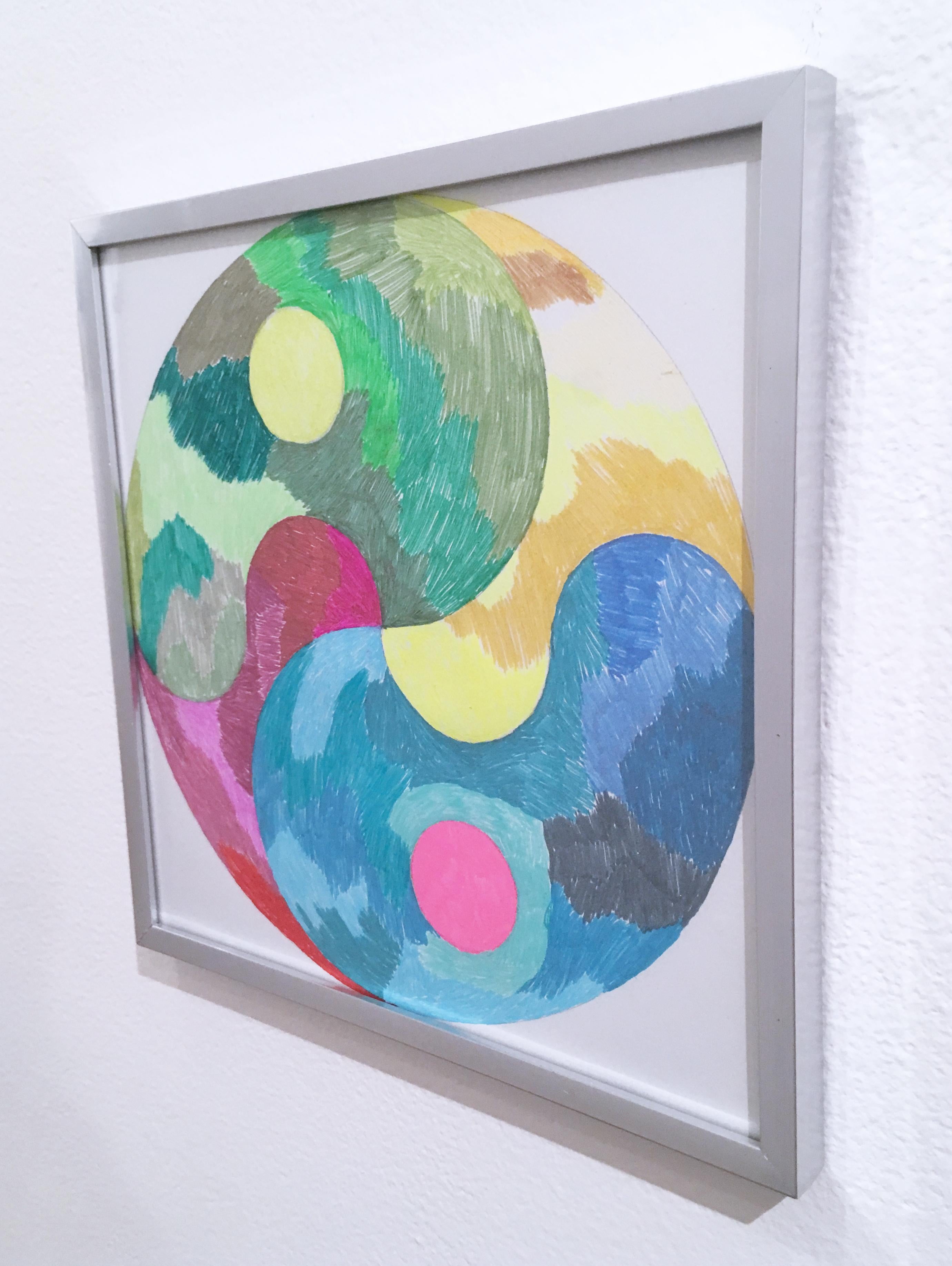 Yin Yang Transition, 2019, gel pen, graphite, paper, pattern, drawing, framed - Gray Figurative Painting by Macauley Norman