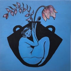 Lola, 2019, acrylic, watercolor, ink, wood panel, blue, figurative, floral