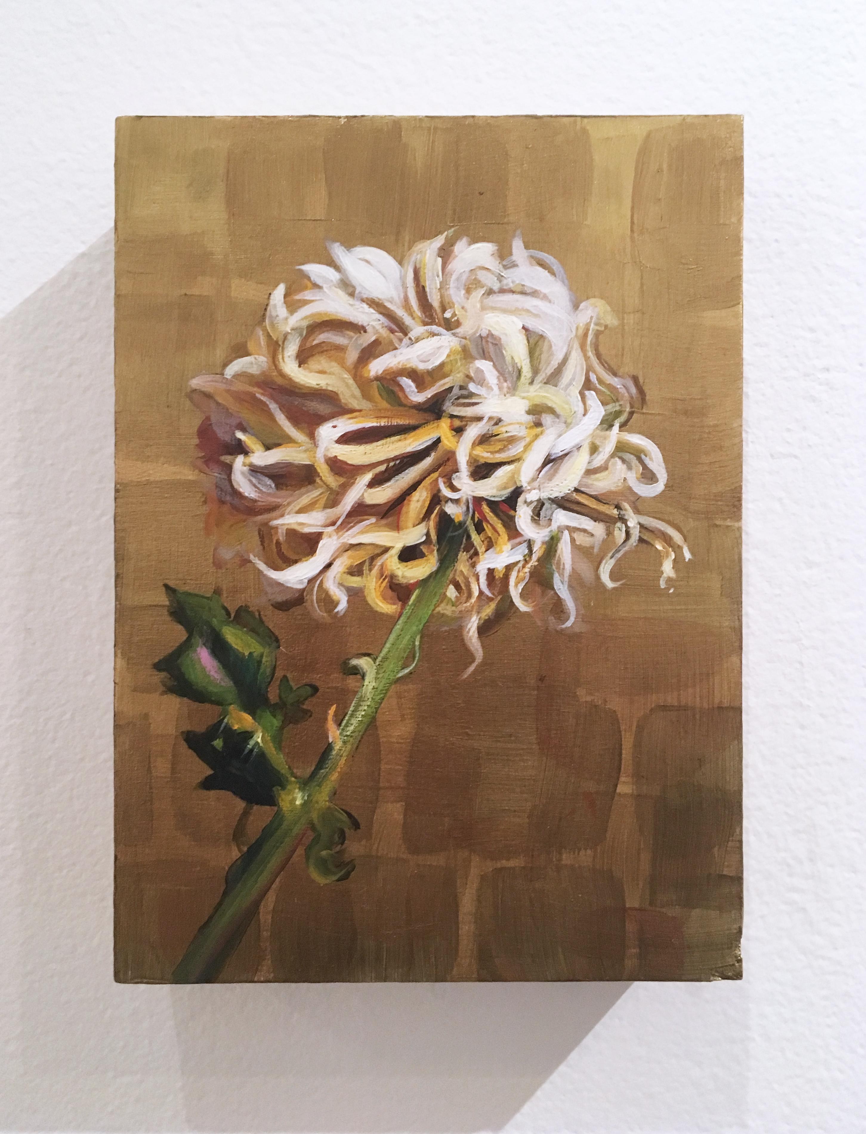 Gold and Bloom, 2019, acrylic, wood panel, floral, chrysanthemum, flower - Painting by Gigi Chen