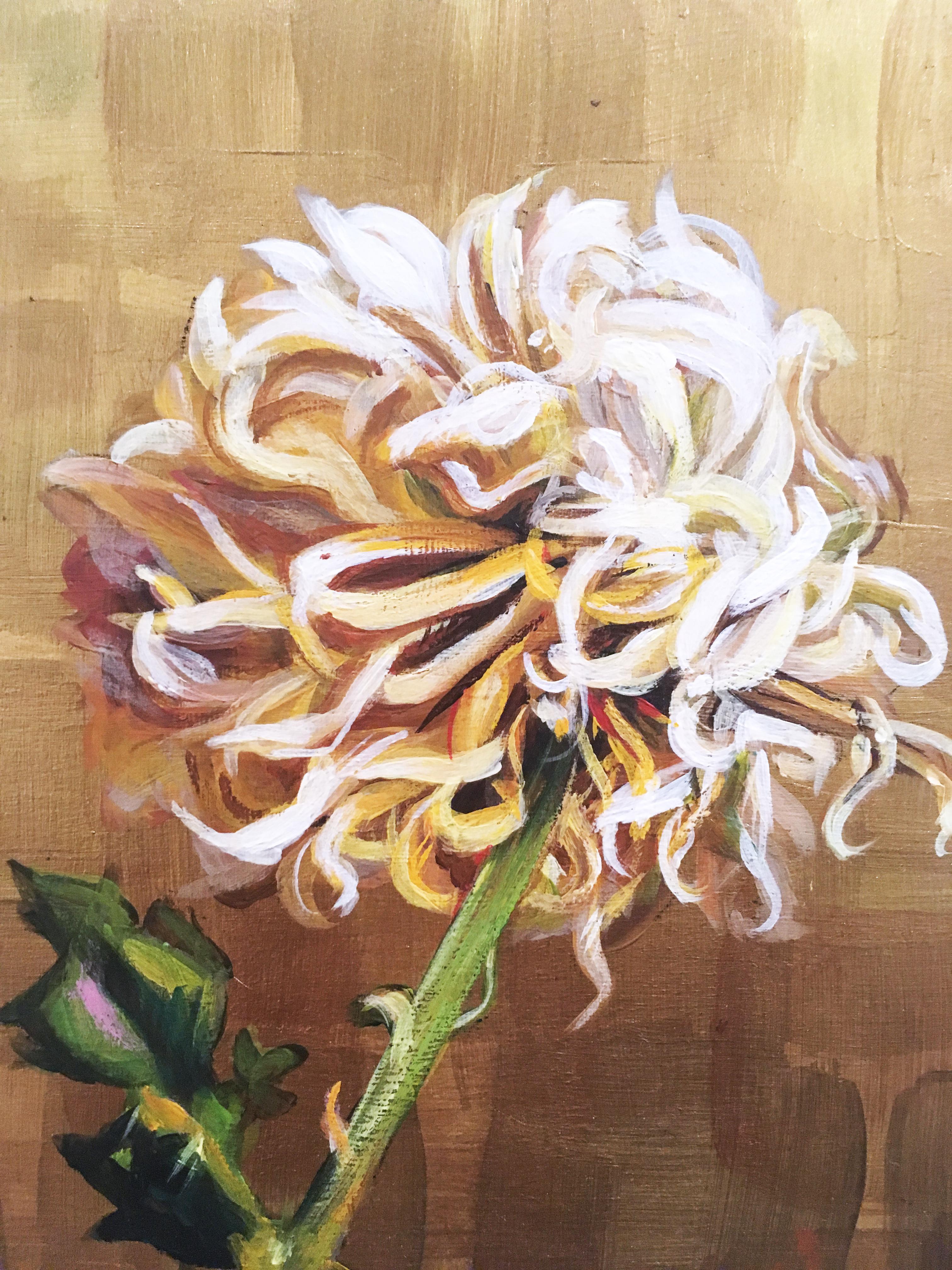 Gold and Bloom, 2019, acrylic, wood panel, floral, chrysanthemum, flower 1