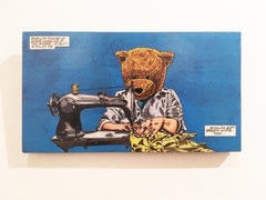 Another Day Another Dollar, 2019, ink, marker, wood panel, figurative, bear