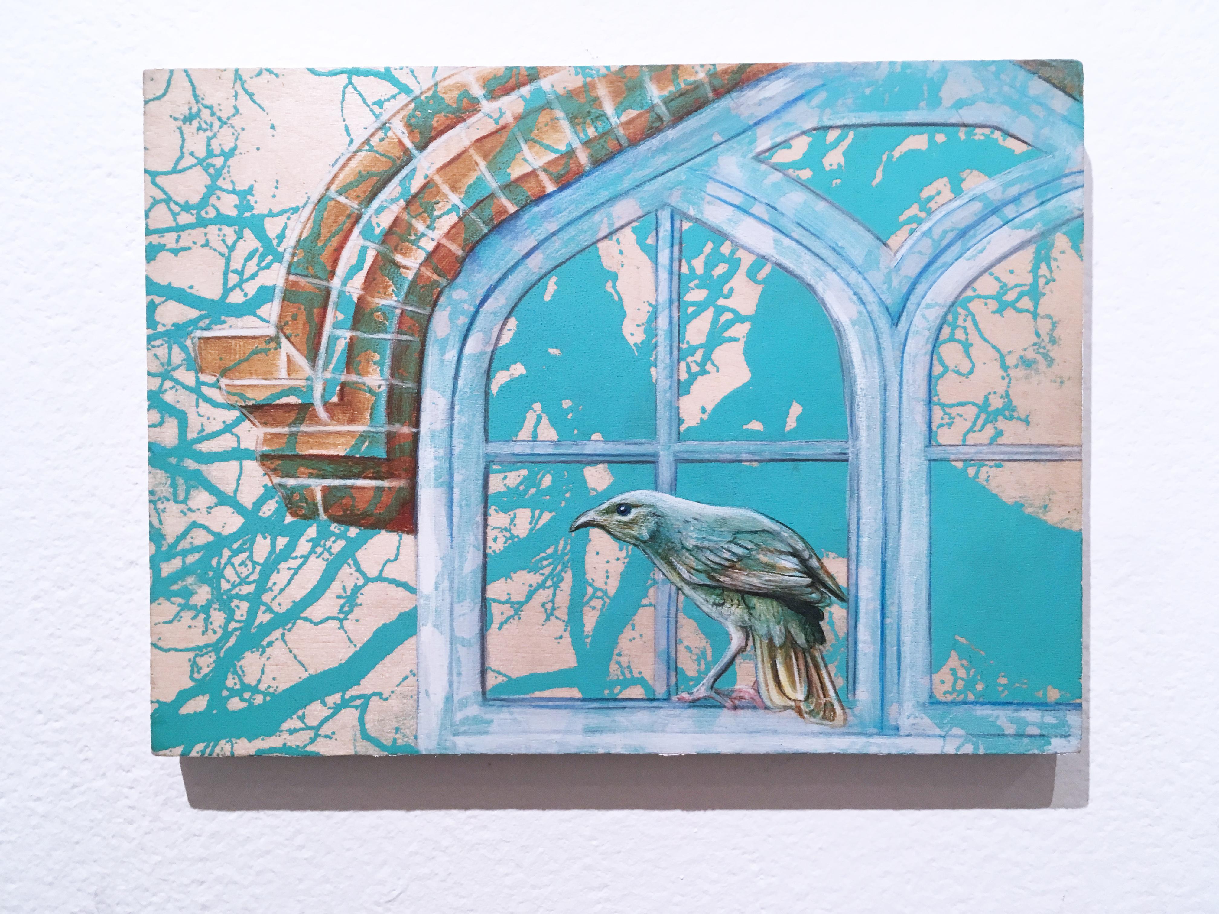 Looking at You, 2019, acrylic, colored pencil, wood panel, architecture, bird - Painting by Gigi Chen
