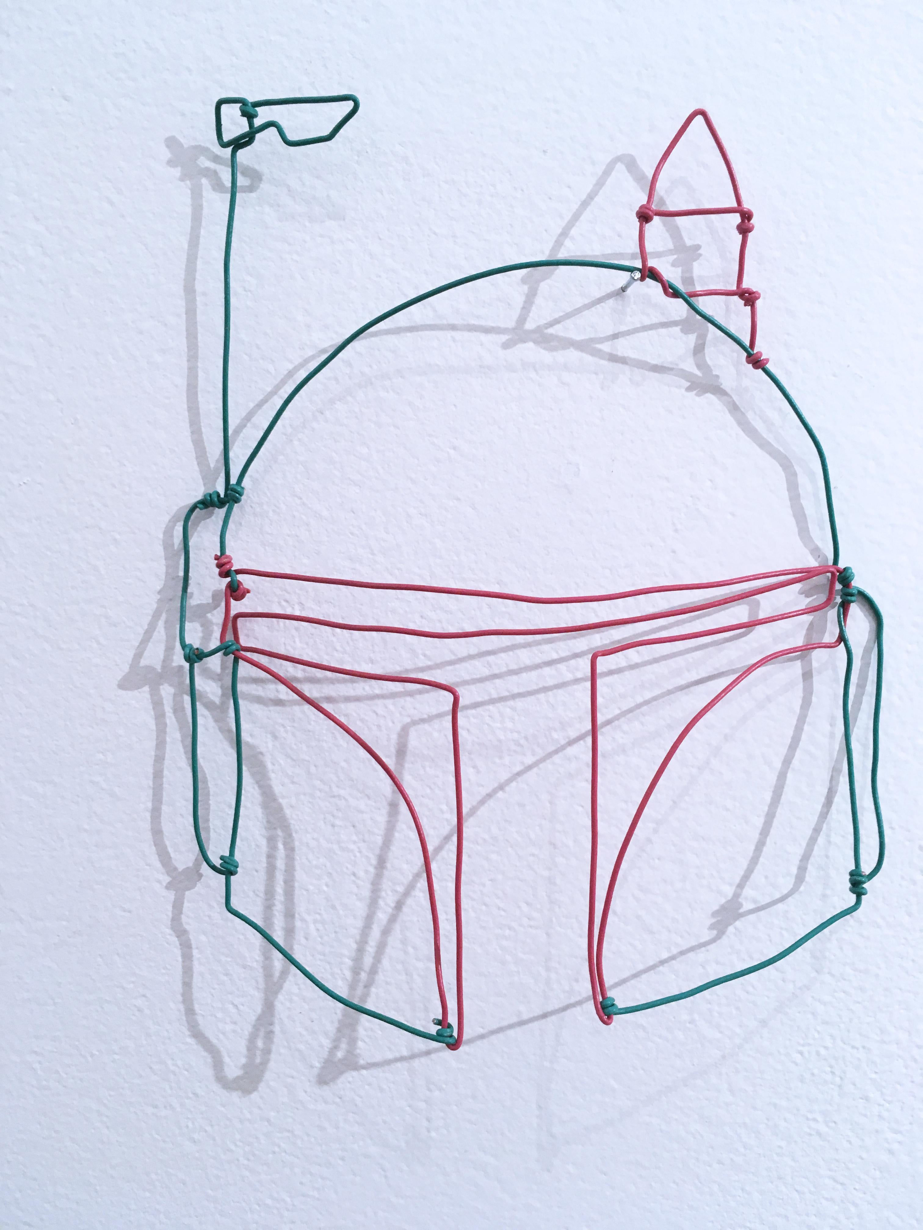 Norman Kirby Figurative Sculpture - Boba Fett, 2019, wire sculpture, red, green, star wars, the mandalorian, mask