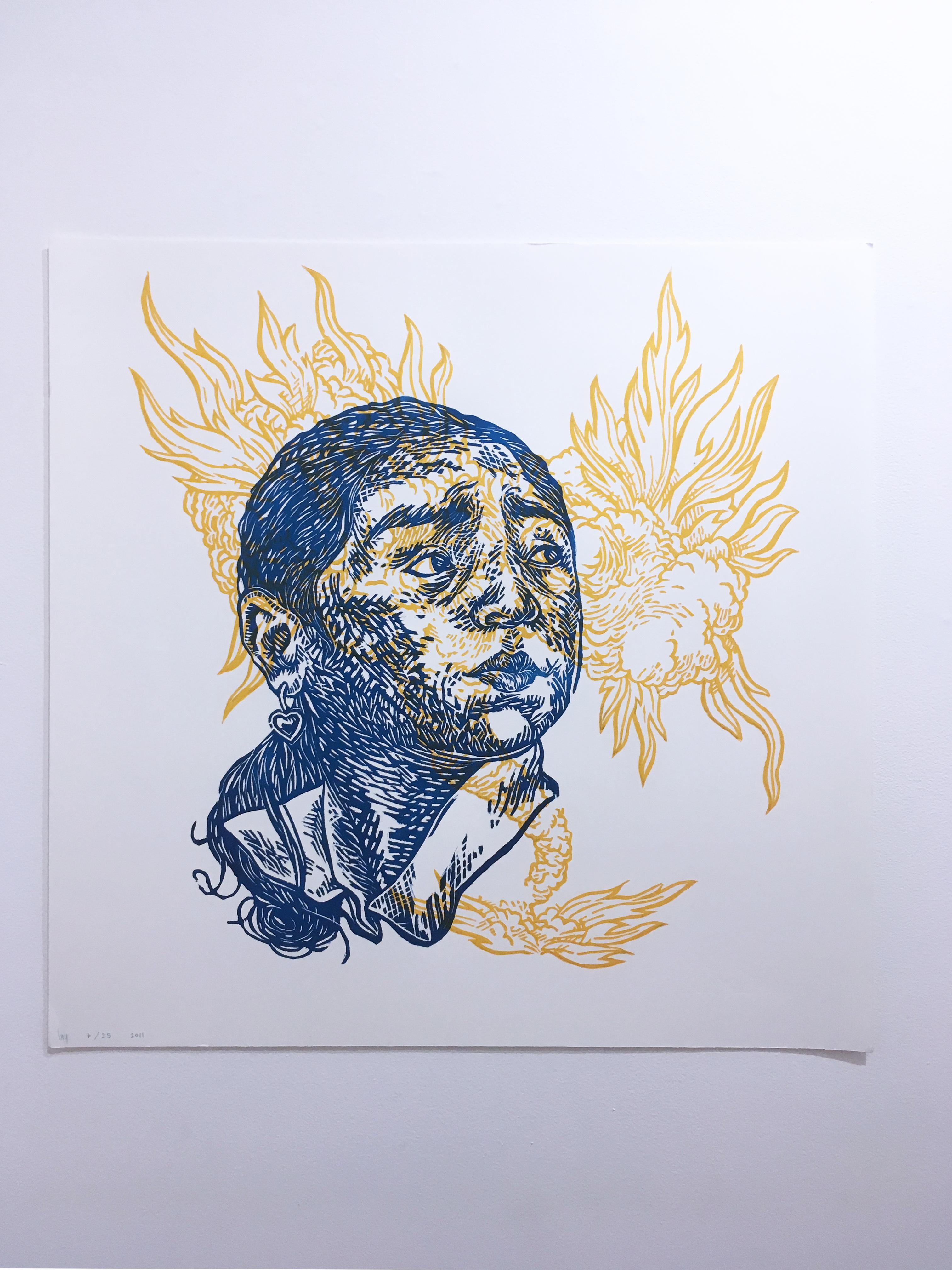 Parallax (blue), limited edition woodcut, blue, yellow, figurative, floral - Contemporary Print by Layqa Nuna Yawar