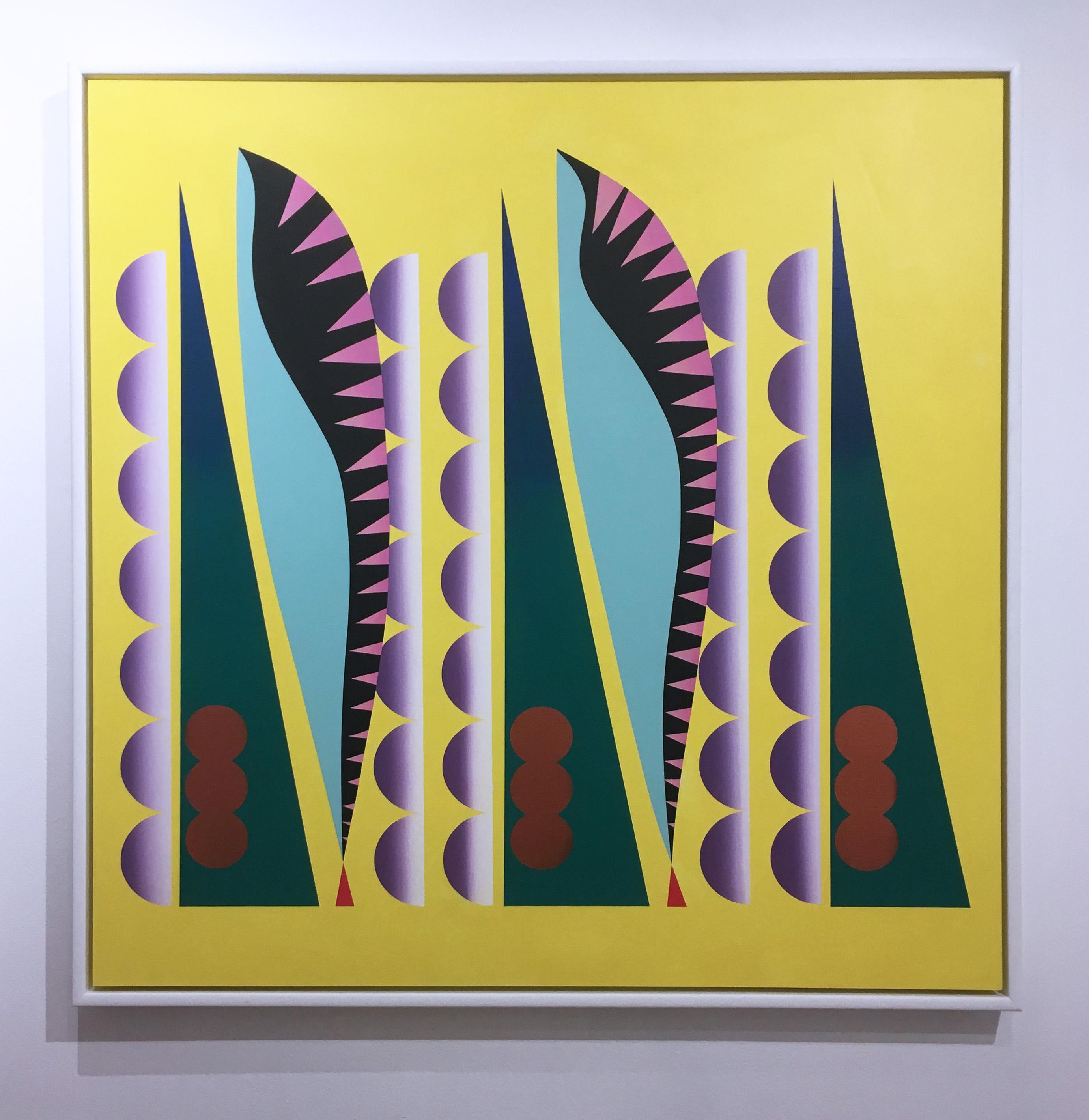 Telesce, 2018, acrylic on canvas, abstract geometric, yellow, orange, purple - Abstract Geometric Painting by Debra Lynn Manville