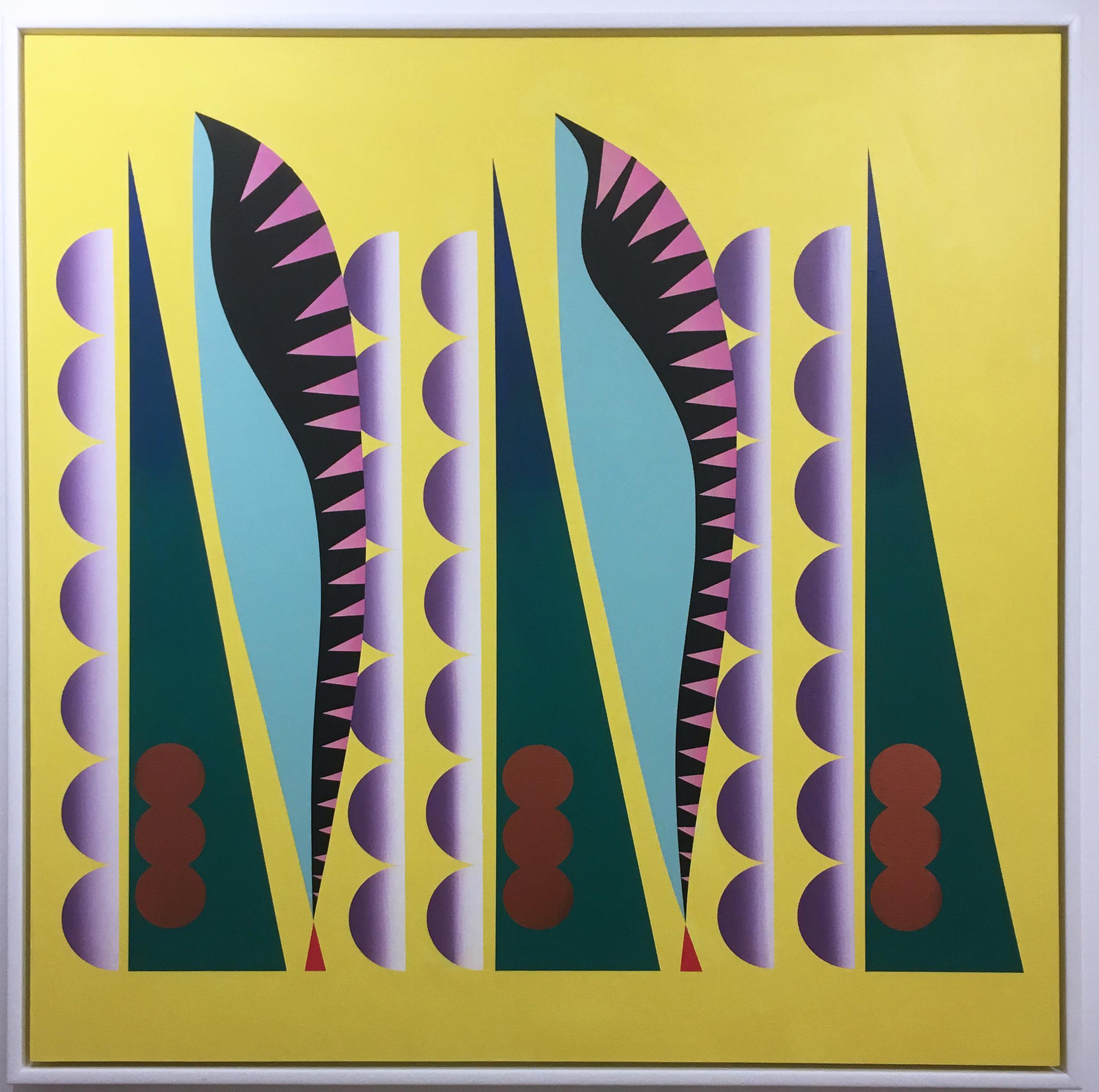 Telesce, 2018, acrylic on canvas, abstract geometric, yellow, orange, purple - Painting by Debra Lynn Manville
