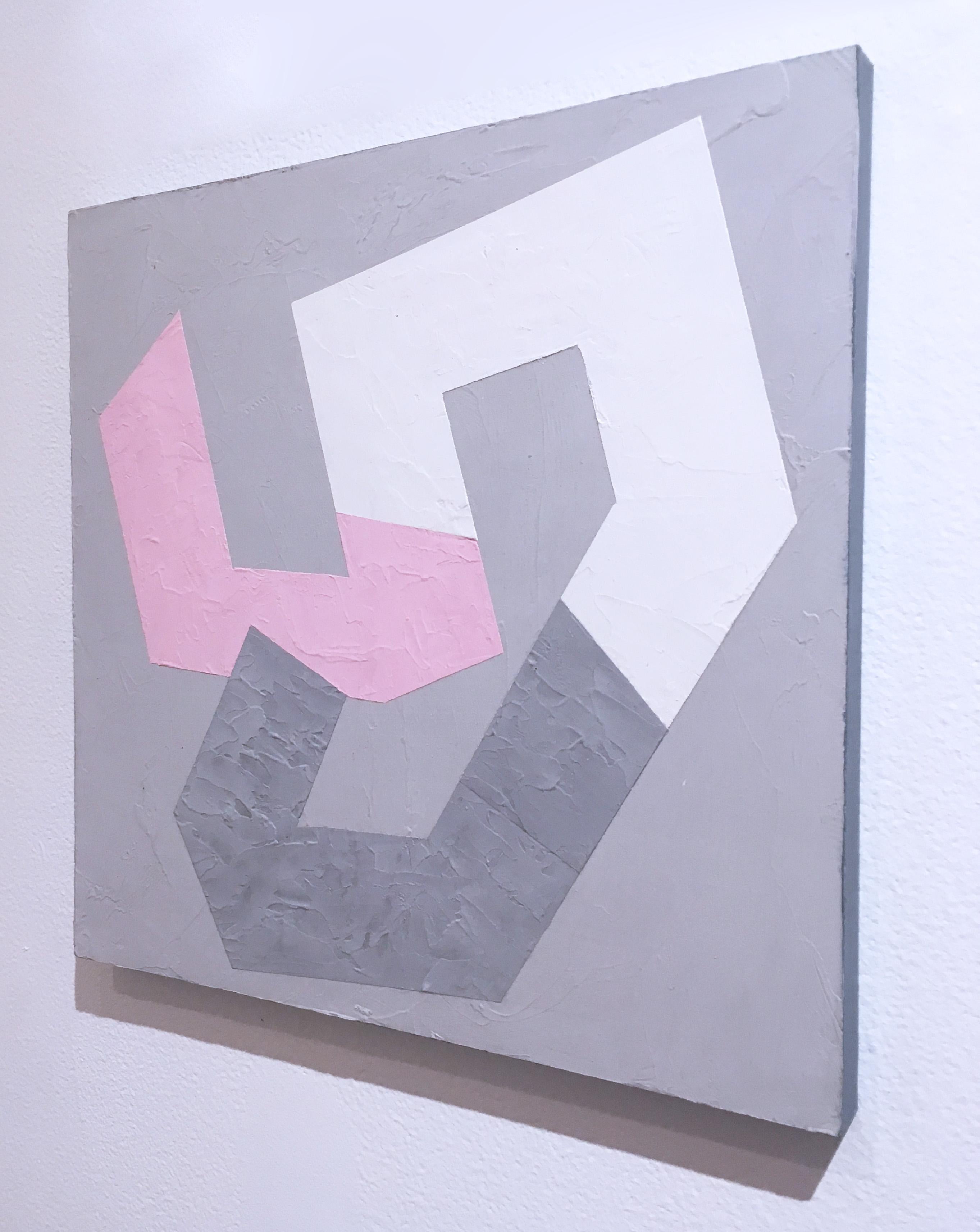 Options V, 2020, Abstrakte Geometrie, ungegenständlich, italienischer Gips und Acryl auf Platte.  Grau, rosa und weiß.