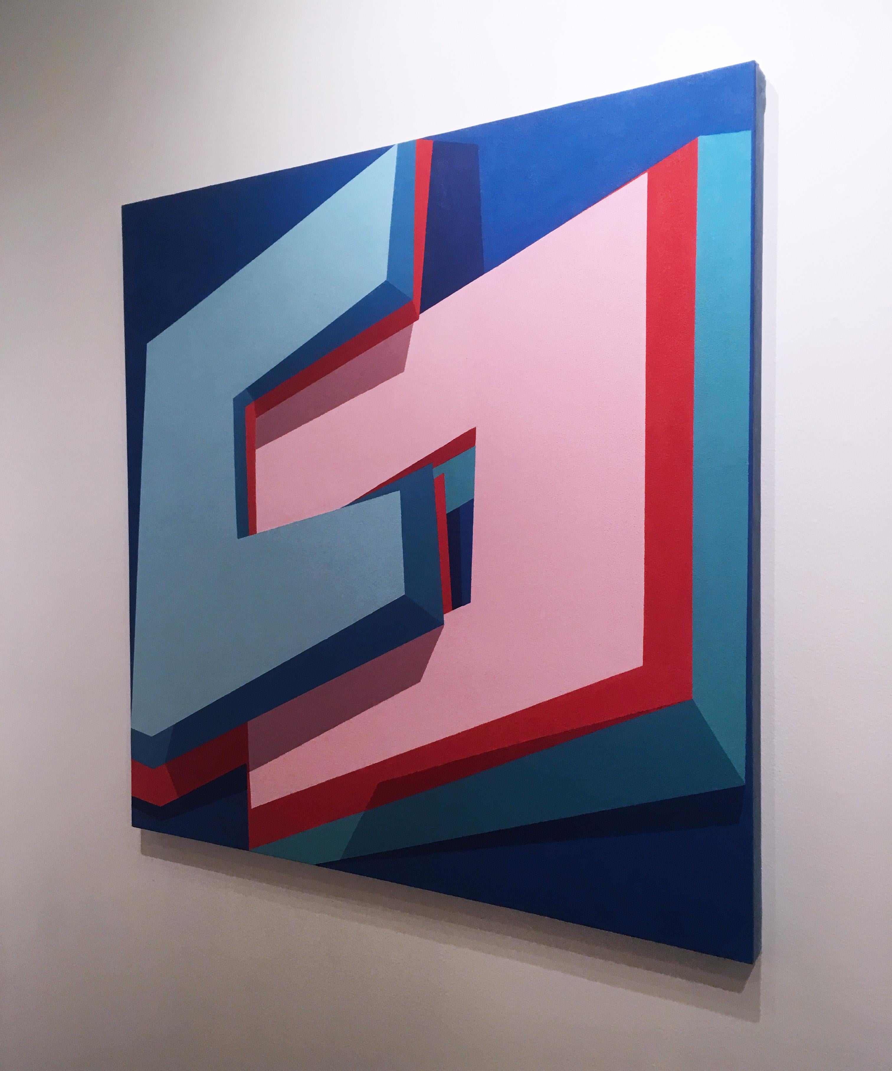 Common Space, 2015, Abstract geometry, non-objective, oil on canvas over panel.  Blues, pinks, orange and reds.