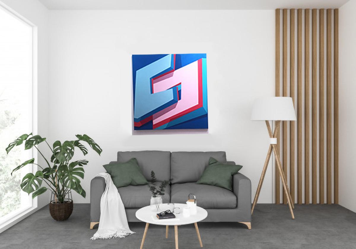 Common Space, 2015, Abstract geometry, non-objective, oil, canvas, blue, pink 2