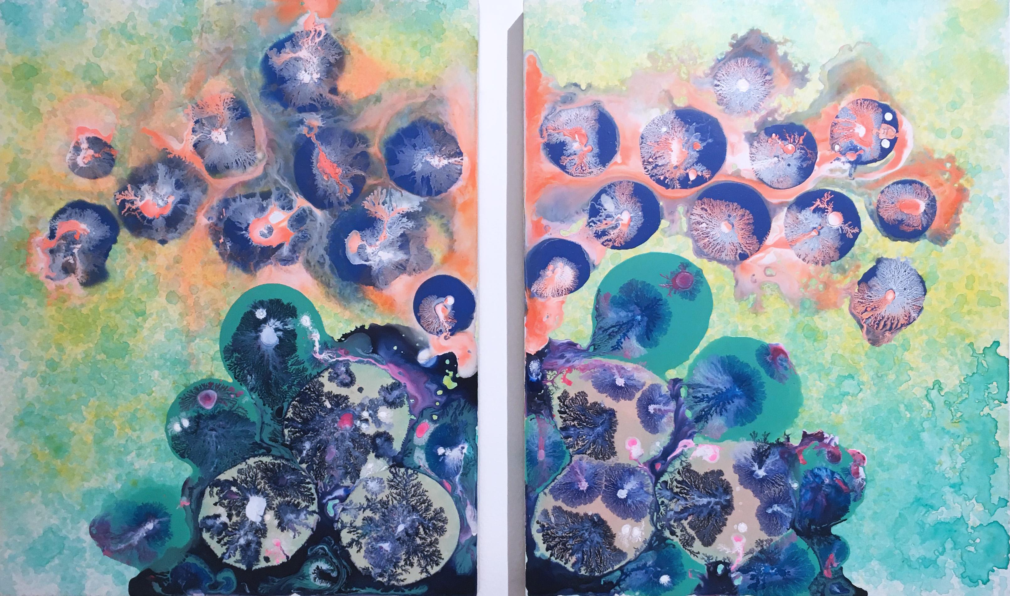 Exo, diptych, 2017, figurative abstraction, purple, orange, blue, green, floral . Water based enamel on wood panel.