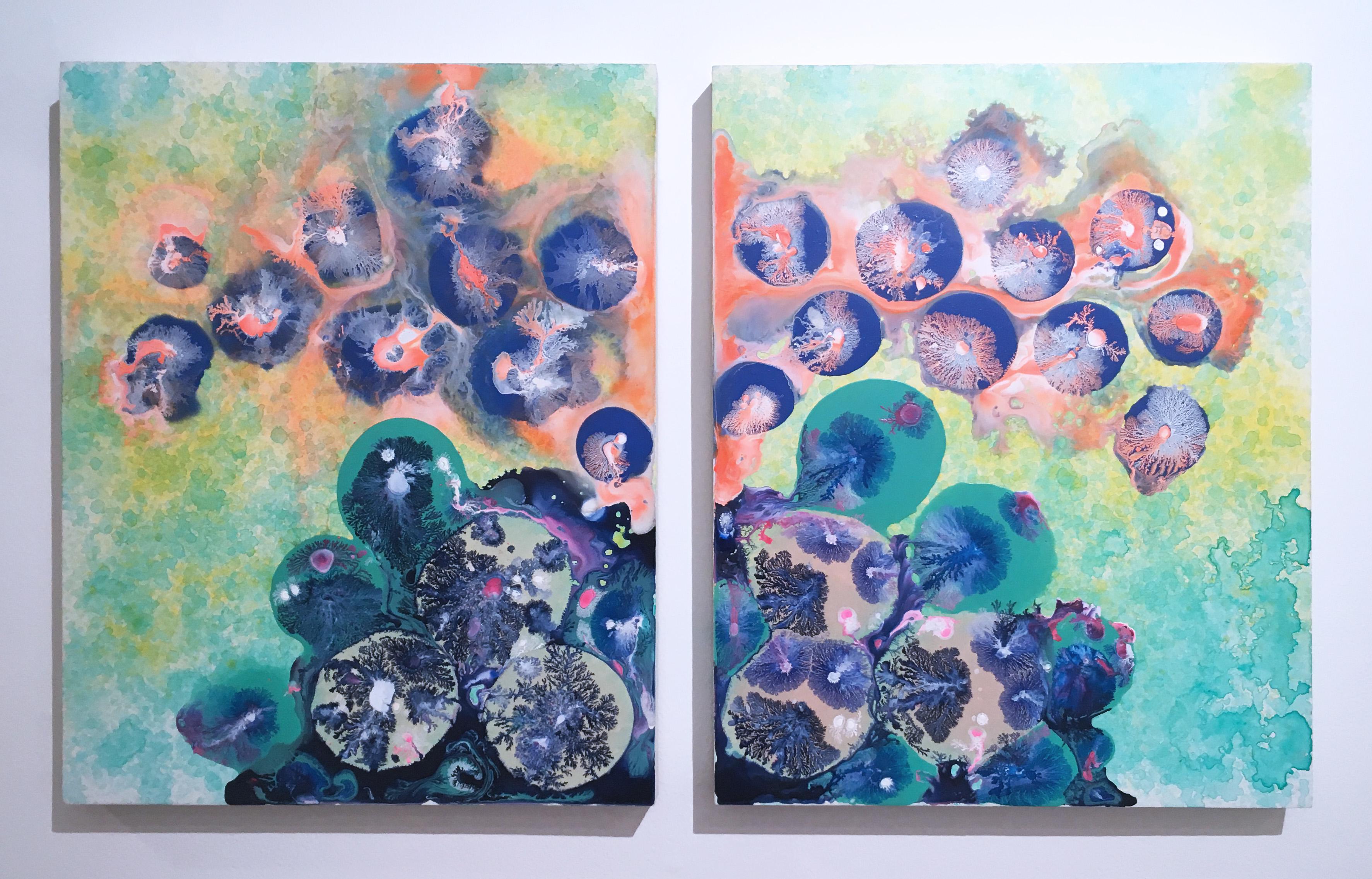 Exo, diptych, 2017, figurative, abstract, purple, orange, blue, green, floral 