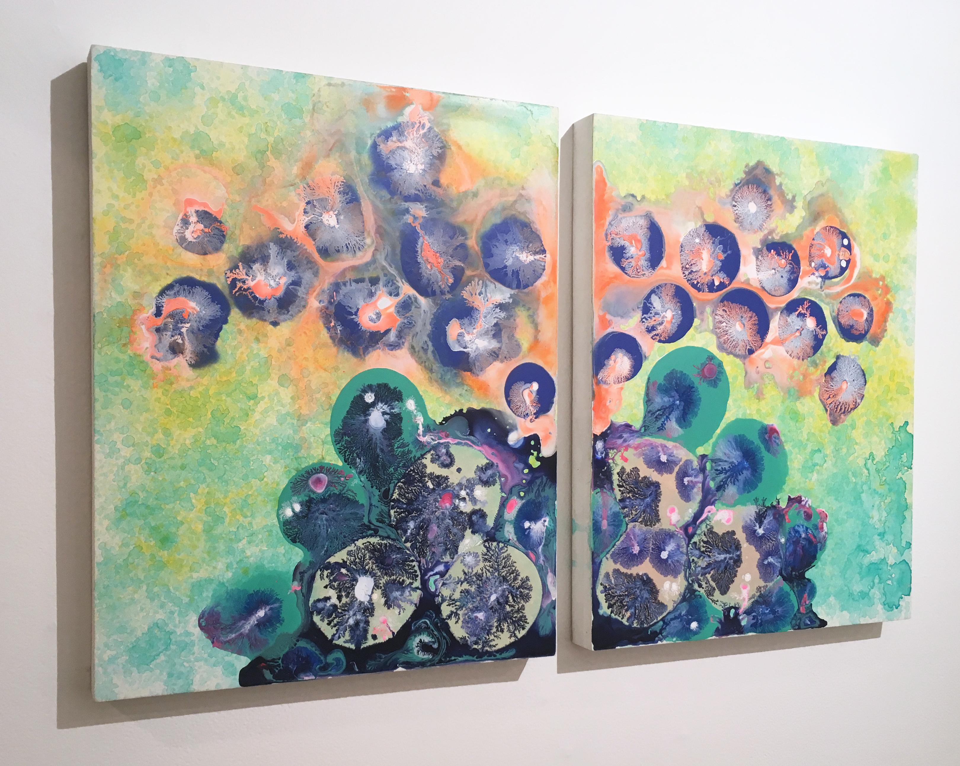 Exo, diptych, 2017, figurative, abstract, purple, orange, blue, green, floral  - Contemporary Painting by Orlando Reyes