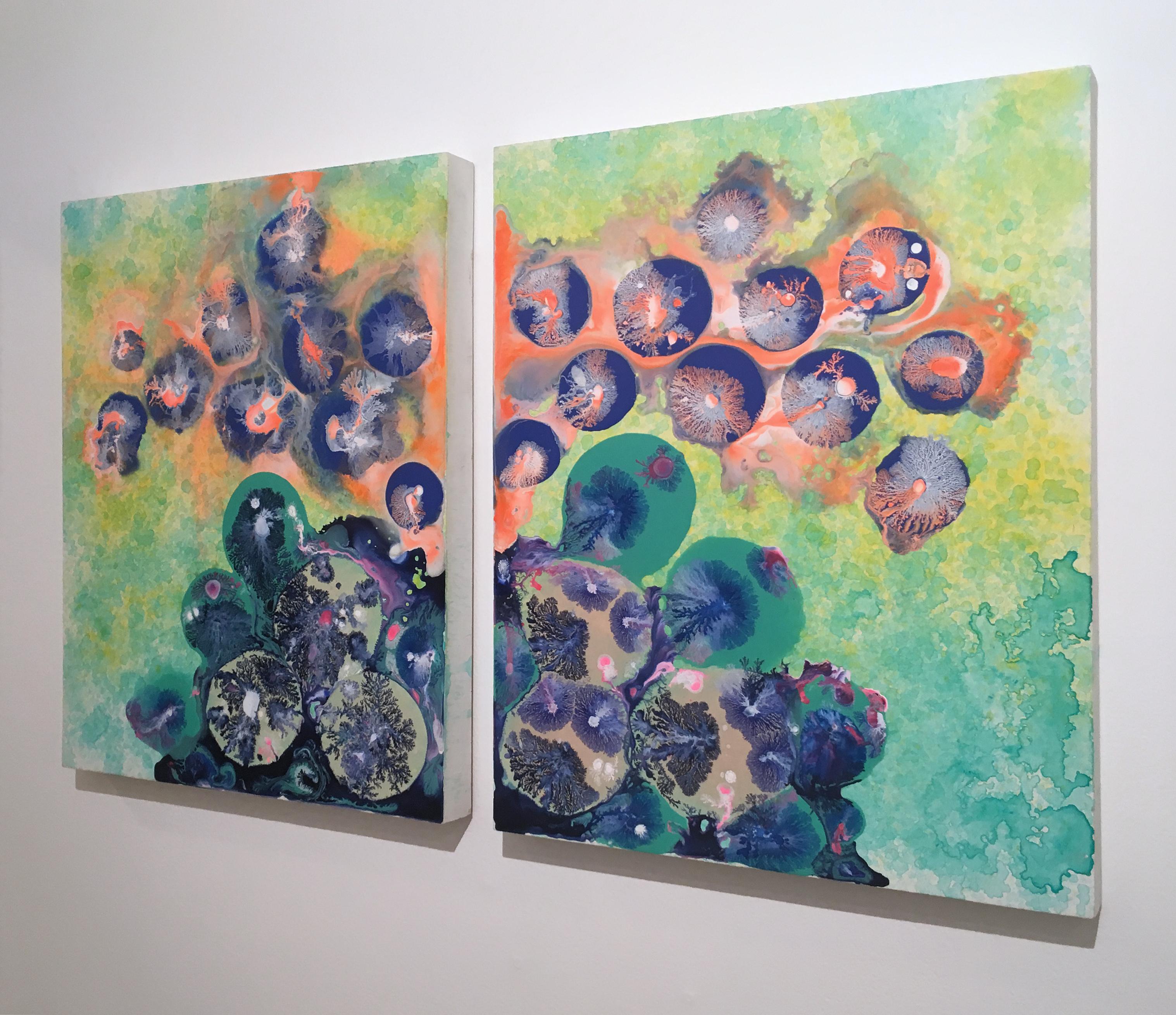 Exo, diptych, 2017, figurative, abstract, purple, orange, blue, green, floral  For Sale 1
