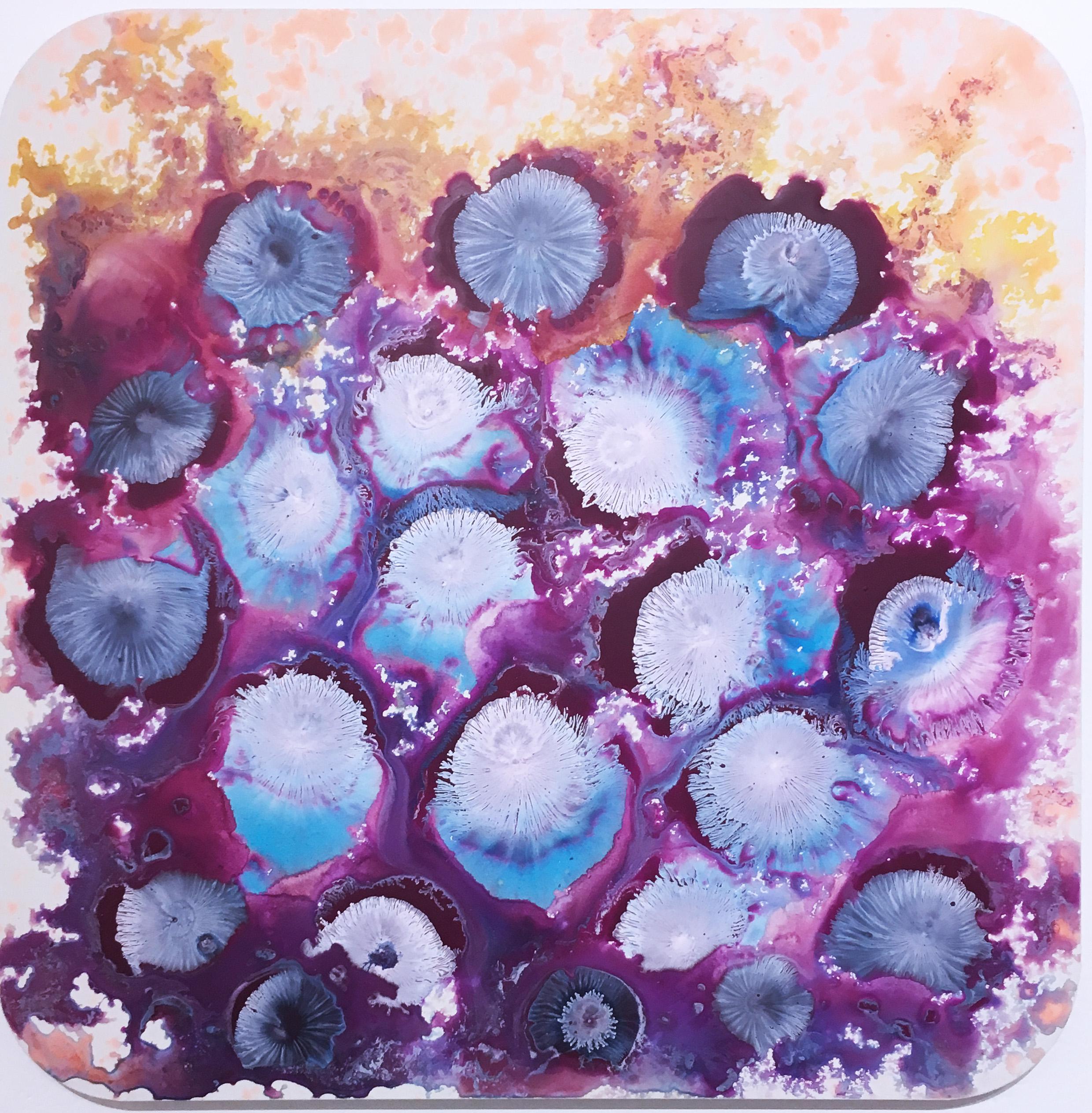 SOL 2, 2018, abstraction figurative, floral, jaune, rose, rouge. Émail à base d'eau sur panneau d'aluminium. Tiré de la série Subatomic Origami Landscape de l'artiste.