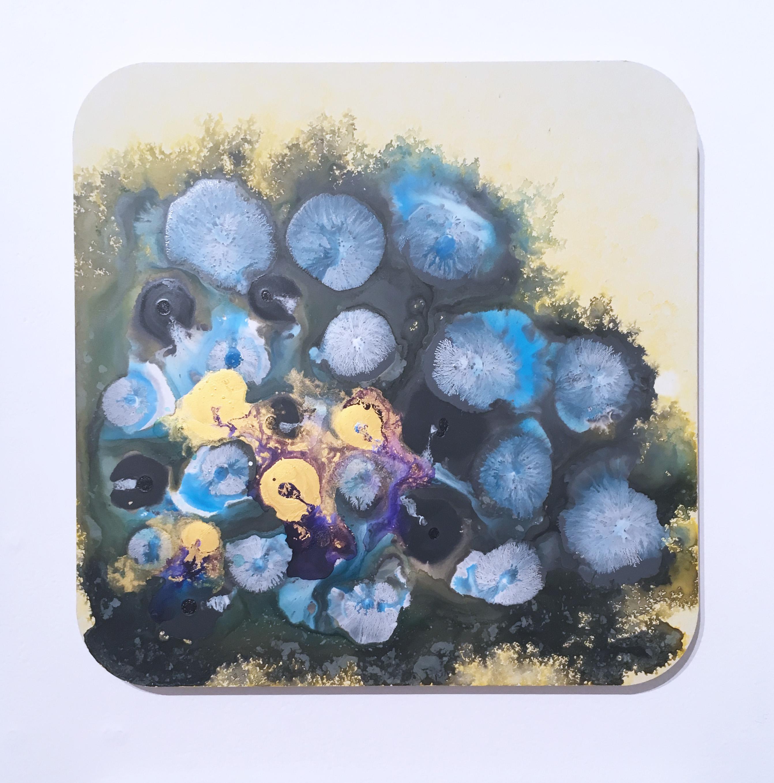 Figurative Abstraktion SOL 4 2018, geblümt, blau, gelb, grün, lila