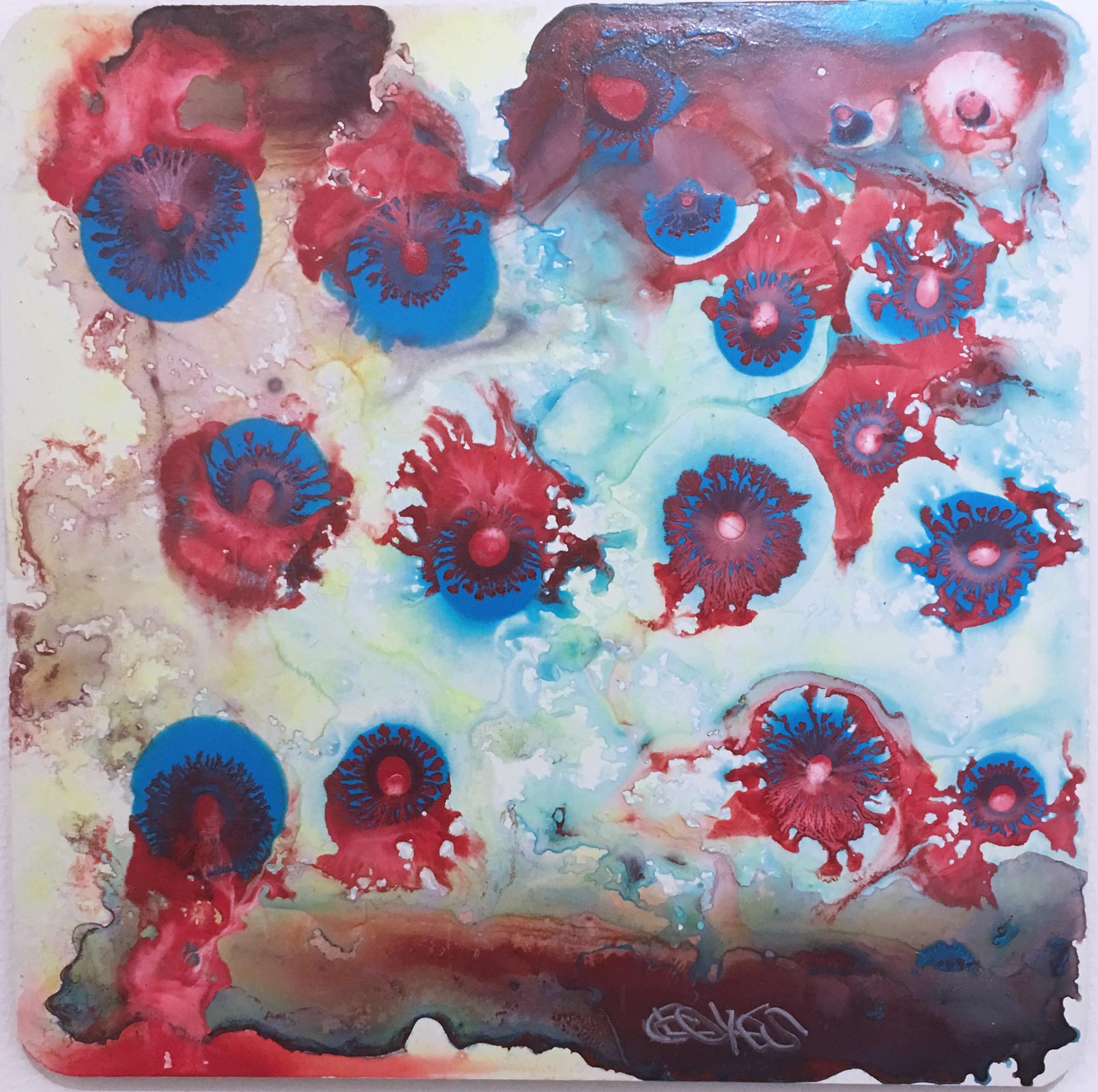 SOL 5 2018, abstraction figurative, florale, bleue, rouge, verte - Contemporain Painting par Orlando Reyes