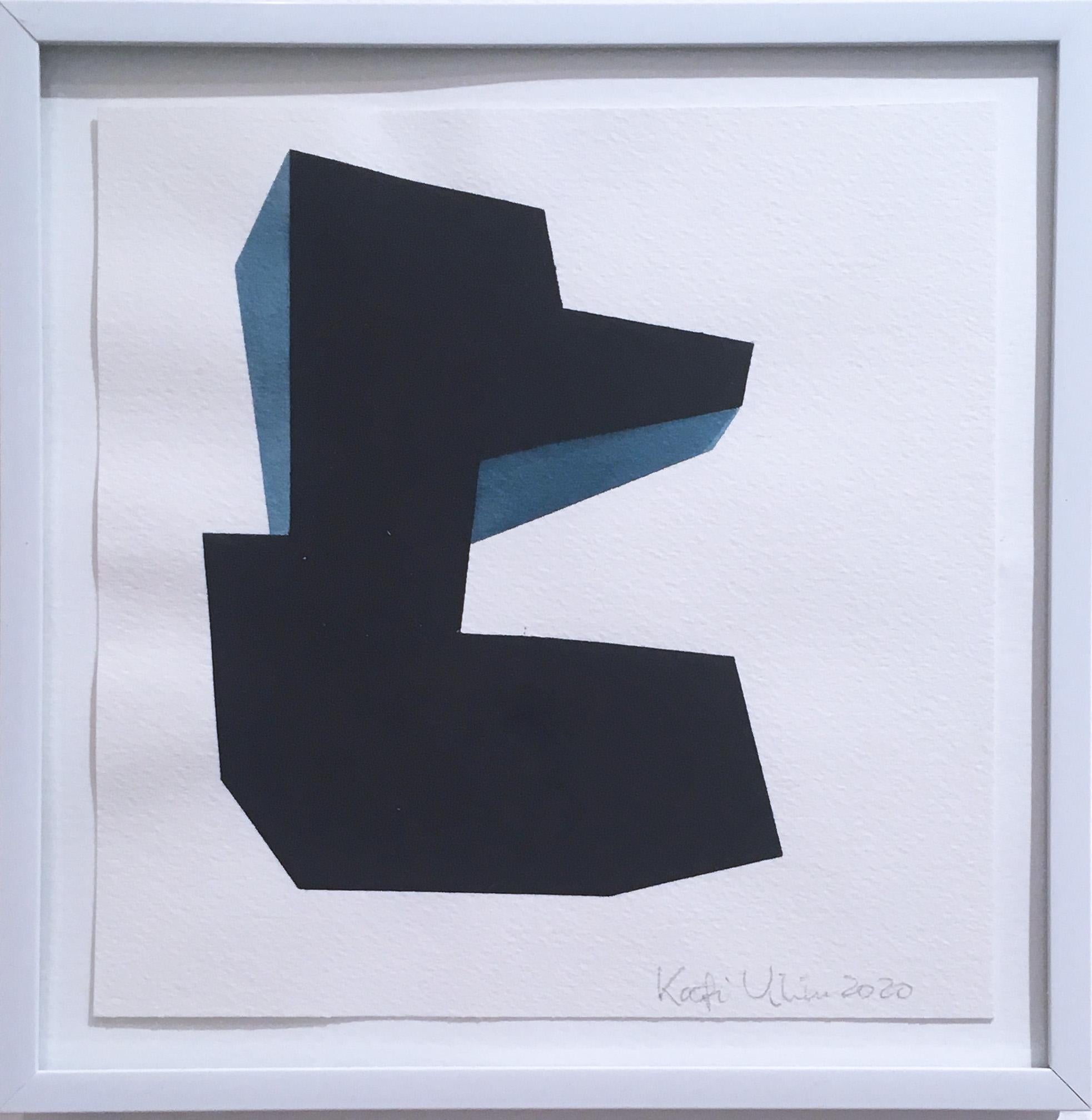 Almost Objectified II, 2020, Abstract geometry, non-objective, Watercolor on paper.  Custom framed in a white metal thin profile frame. Gray, blue, black and white. Frame size 8