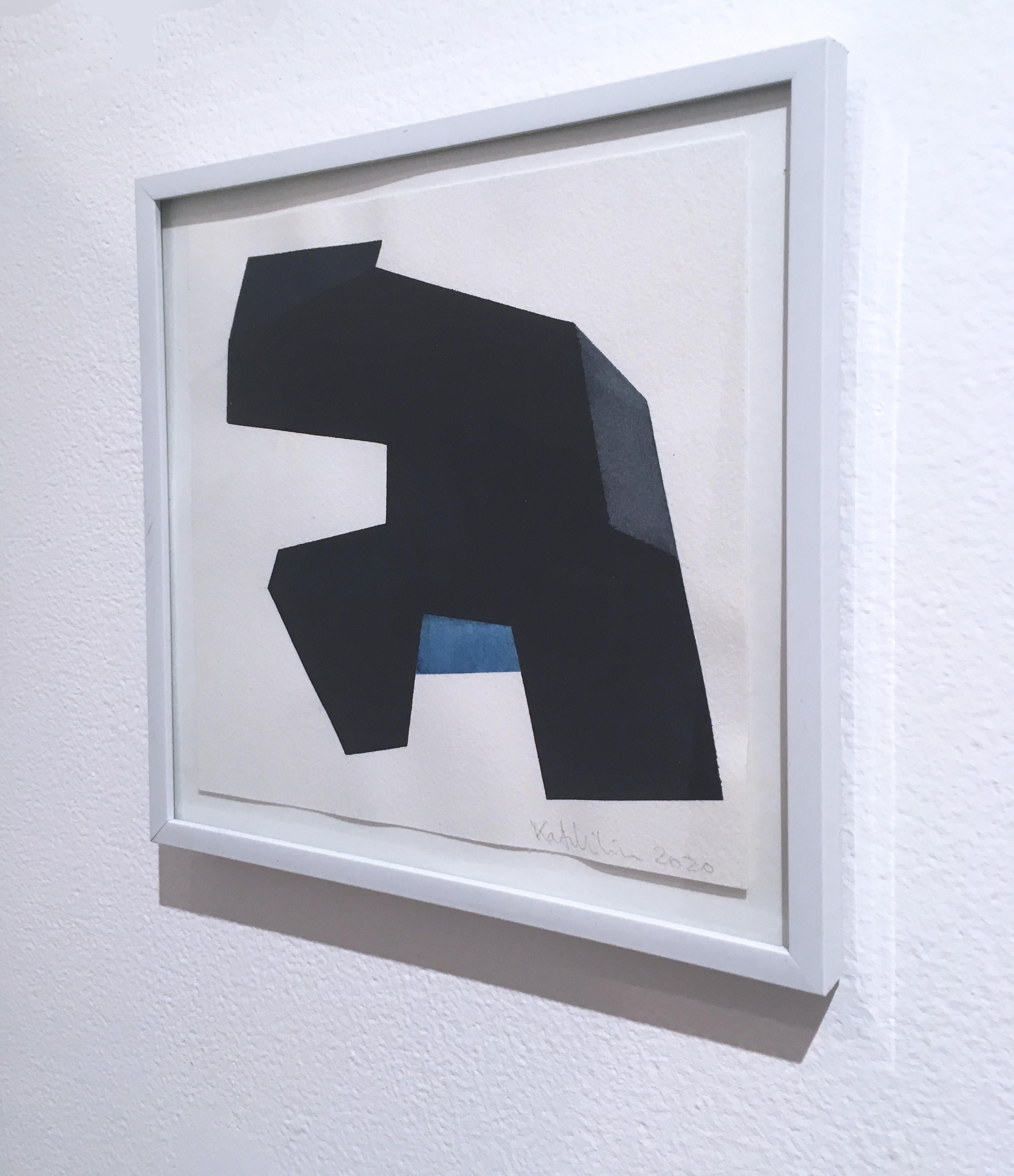 Almost Objectified III, 2020, Abstract geometry, non-objective, Watercolor on paper.  Custom framed in a white metal thin profile frame. Gray, blue, black and white. Frame size 8
